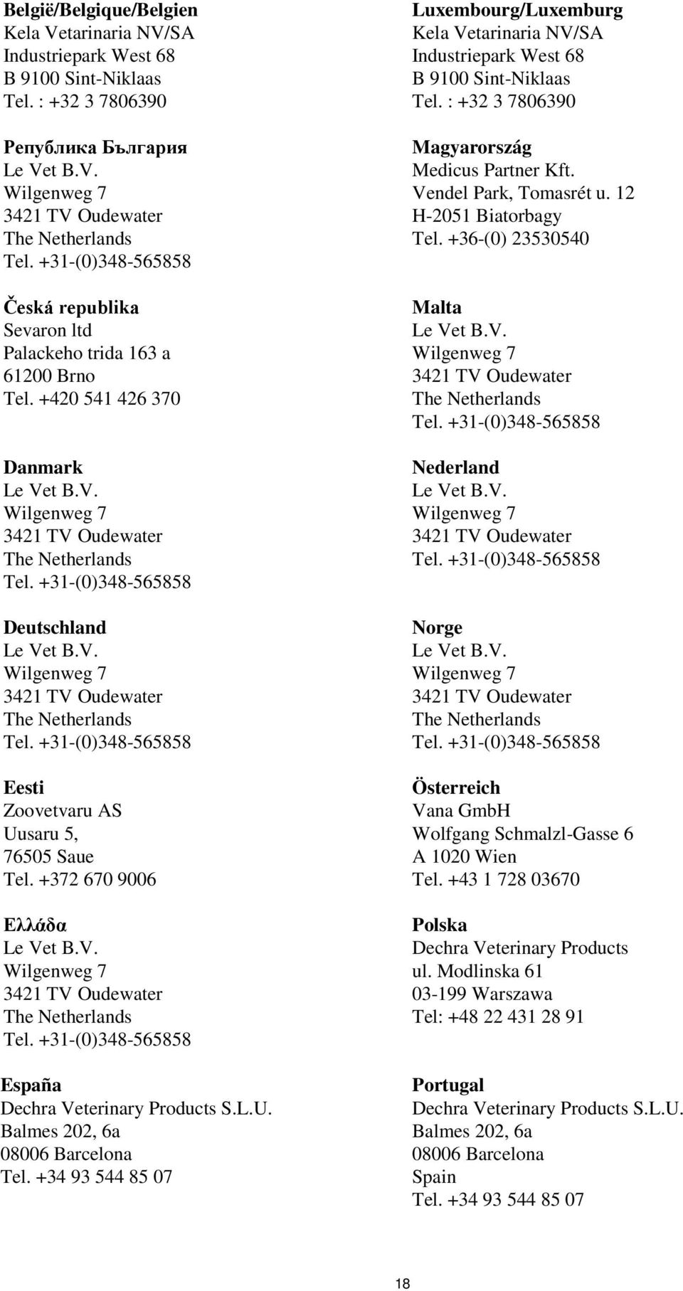 +34 93 544 85 07 Luxembourg/Luxemburg Kela Vetarinaria NV/SA Industriepark West 68 B 9100 Sint-Niklaas Tel. : +32 3 7806390 Magyarország Medicus Partner Kft. Vendel Park, Tomasrét u.