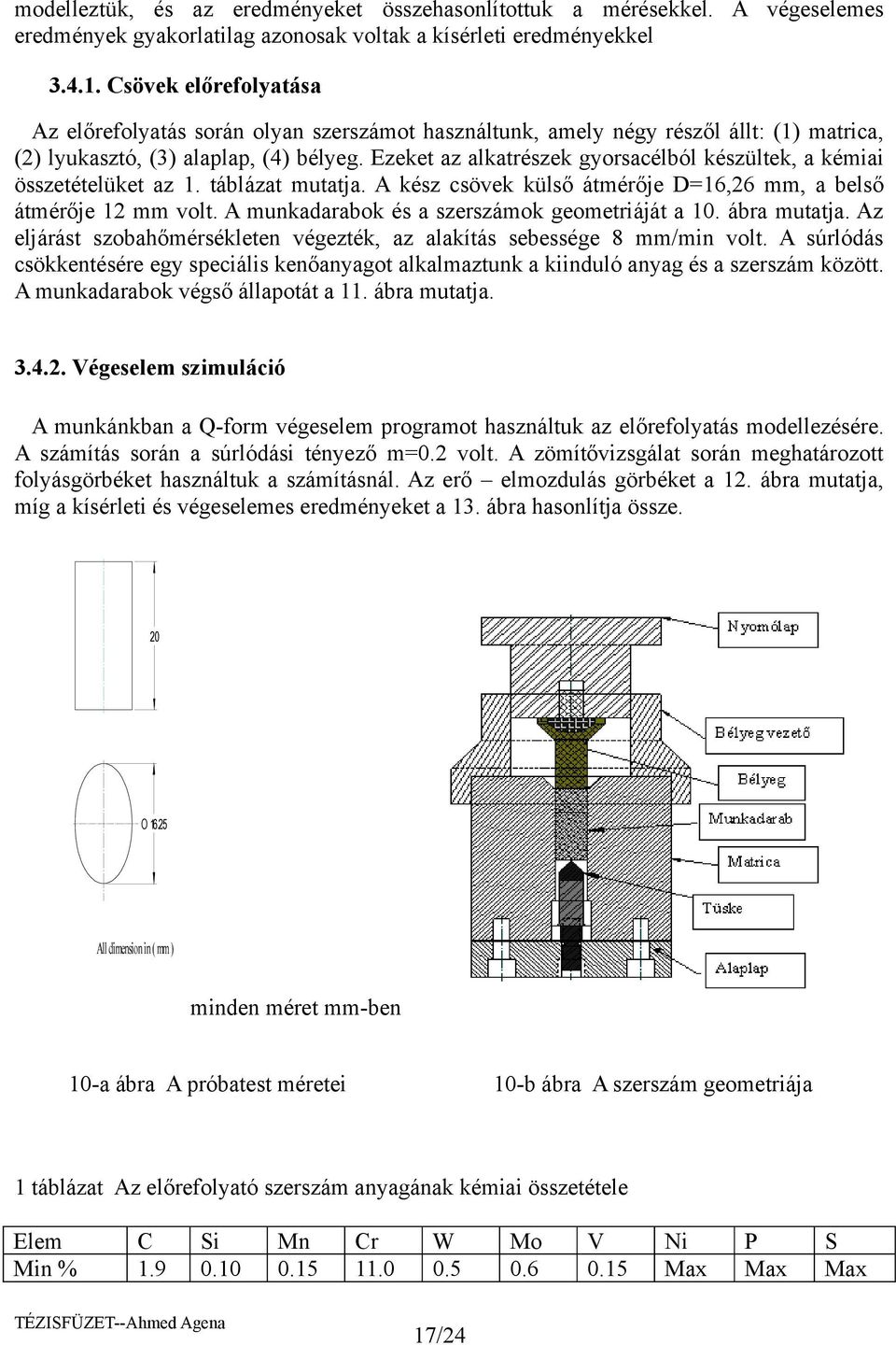 Ezeket az alkatrészek gyorsacélból készültek, a kémiai összetételüket az. táblázat mutatja. A kész csövek külső átmérője D=6,6 mm, a belső átmérője mm volt.