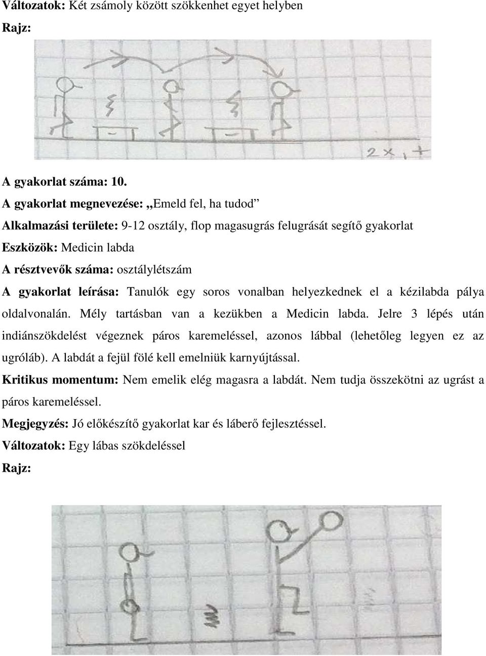 gyakorlat leírása: Tanulók egy soros vonalban helyezkednek el a kézilabda pálya oldalvonalán. Mély tartásban van a kezükben a Medicin labda.