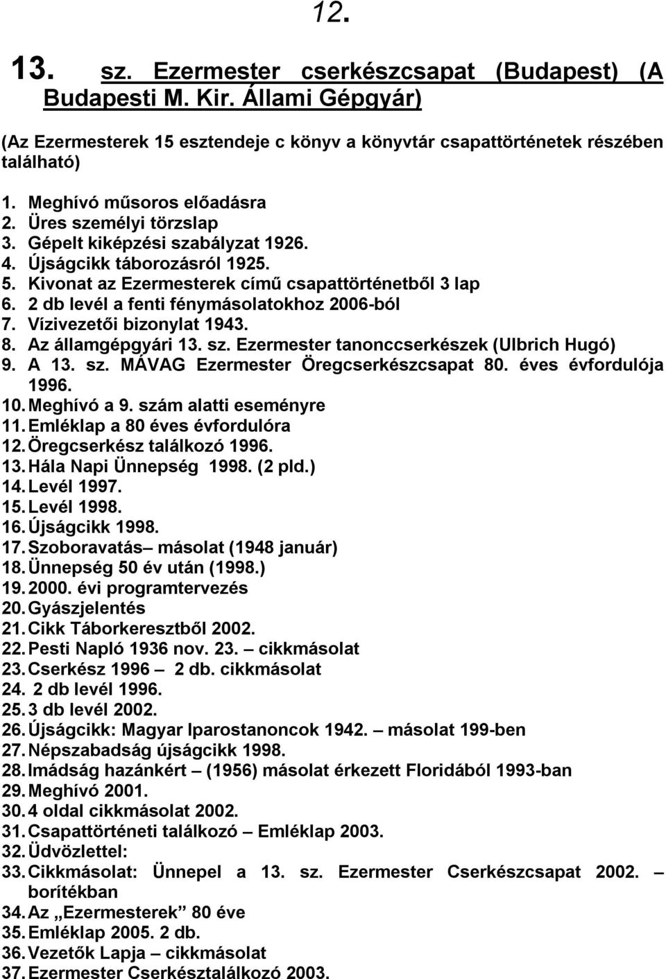 2 db levél a fenti fénymásolatokhoz 2006-ból 7. Vízivezetői bizonylat 1943. 8. Az államgépgyári 13. sz. Ezermester tanonccserkészek (Ulbrich Hugó) 9. A 13. sz. MÁVAG Ezermester Öregcserkészcsapat 80.