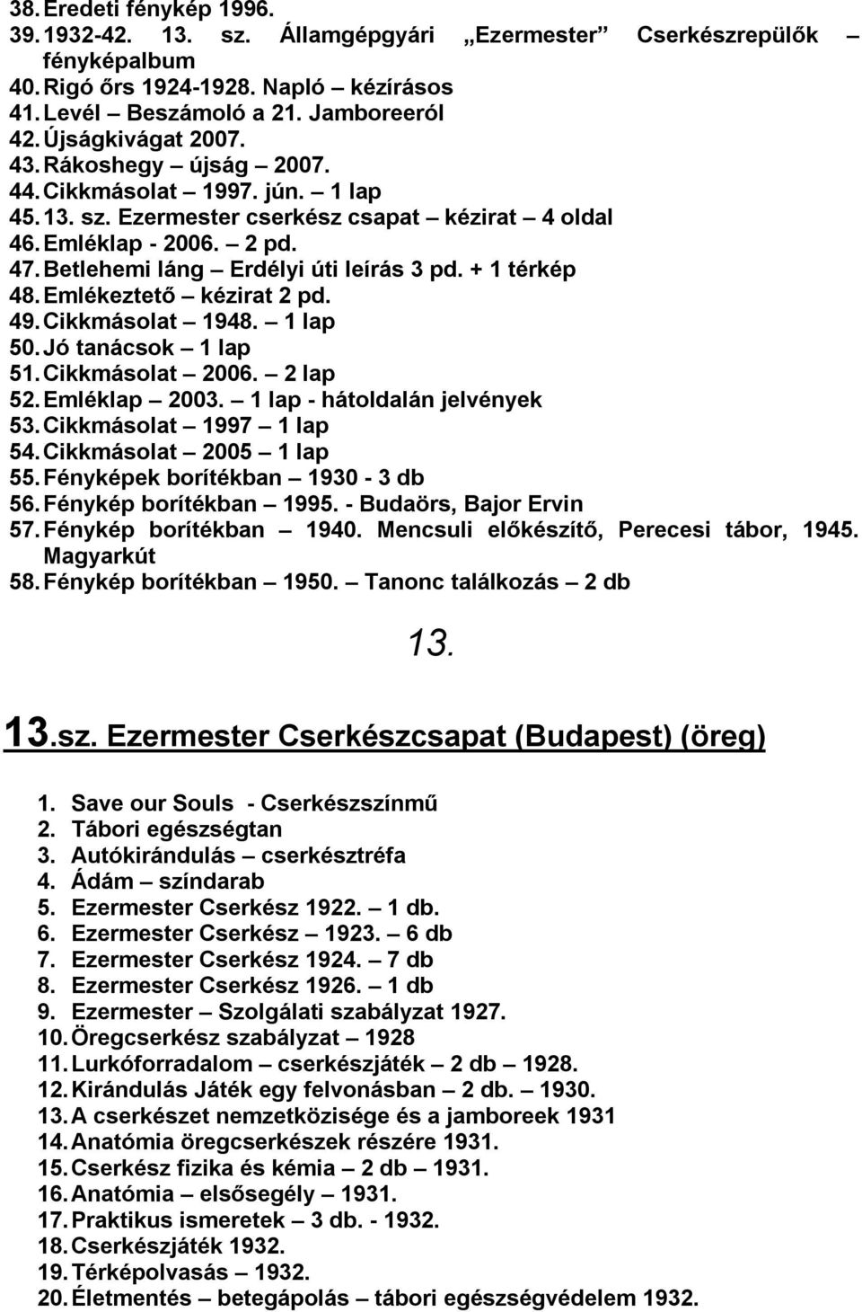 Betlehemi láng Erdélyi úti leírás 3 pd. + 1 térkép 48. Emlékeztető kézirat 2 pd. 49. Cikkmásolat 1948. 1 lap 50. Jó tanácsok 1 lap 51. Cikkmásolat 2006. 2 lap 52. Emléklap 2003.