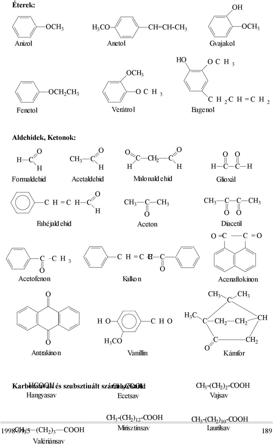 O Acetofenon C C H 3 C H =C HC Kalko n C O Acenaftokinon O CH 3 C CH 3 HO C H O H 3 C C CH 2 CH 2 CH O Antrakinon H 3 CO Vanillin O C Kámfor CH 2 Karbonsavak HCO és