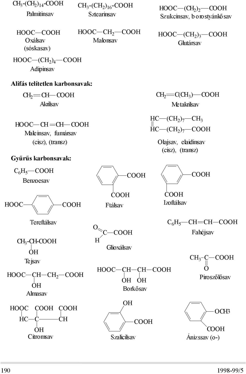 karbonsavak: C 6 H 5 CO Benzoesav CO HC (CH 2 ) 7 CH 3 HC (CH 2 ) 7 CO Olajsav, elaidinsav (cisz), (transz) CO HOOC CO CO Ftálsav CO Izoftálsav Tereftálsav C 6 H 5 CH CH CO O C CO