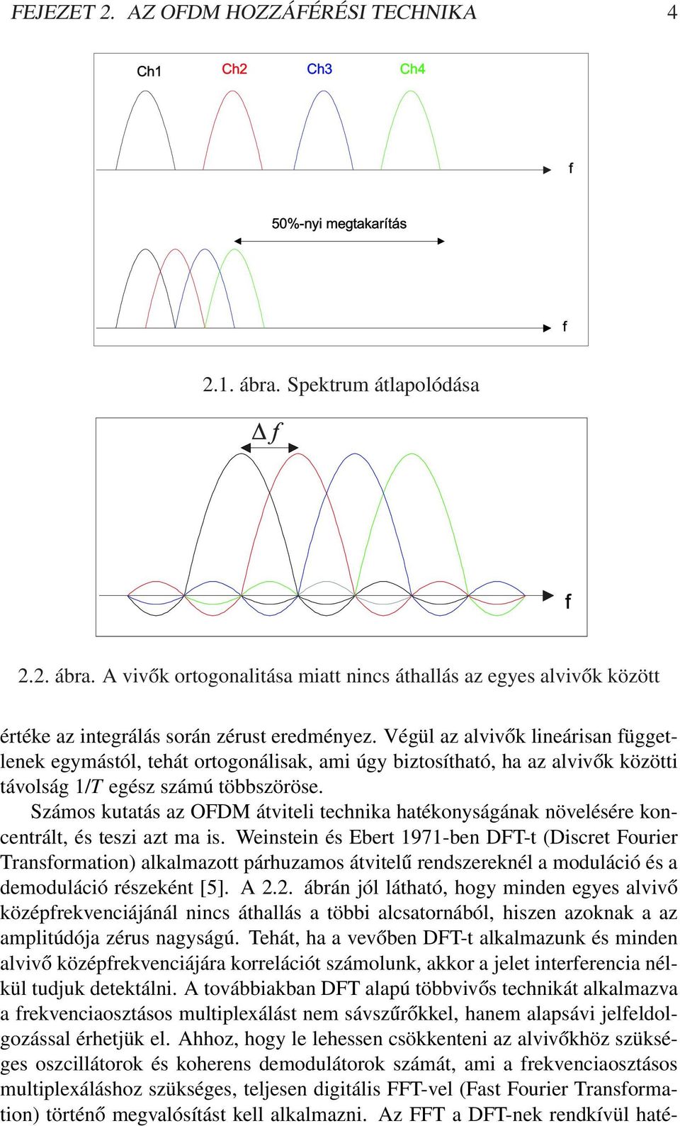 Végül az alvivők lineárisan függetlenek egymástól, tehát ortogonálisak, ami úgy biztosítható, ha az alvivők közötti távolság 1/T egész számú többszöröse.