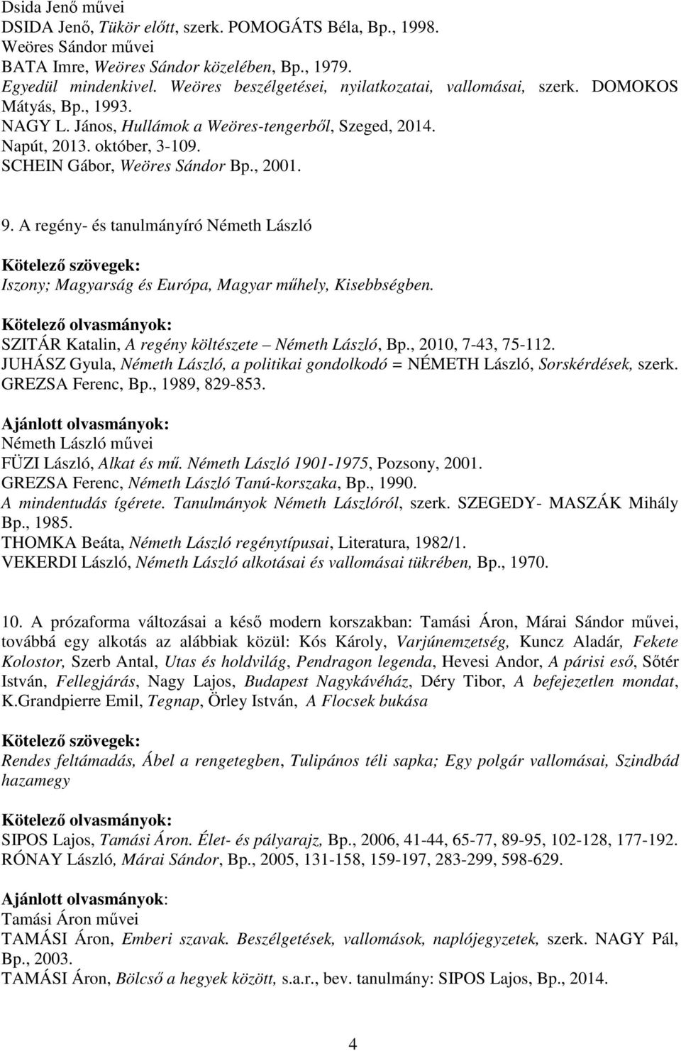 SCHEIN Gábor, Weöres Sándor Bp., 2001. 9. A regény- és tanulmányíró Németh László Iszony; Magyarság és Európa, Magyar műhely, Kisebbségben. SZITÁR Katalin, A regény költészete Németh László, Bp.