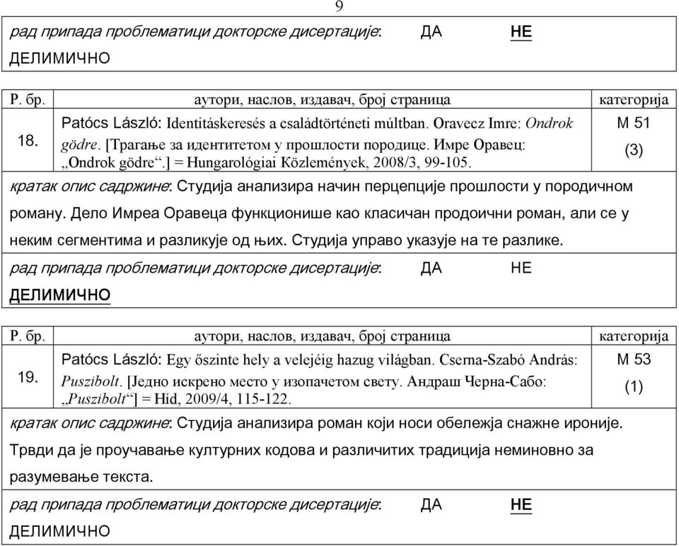 Дело Имреа Оравеца функционише као класичан продоични роман, али се у неким сегментима и разликује од њих. Студија управо указује на те разлике. M 51 19.