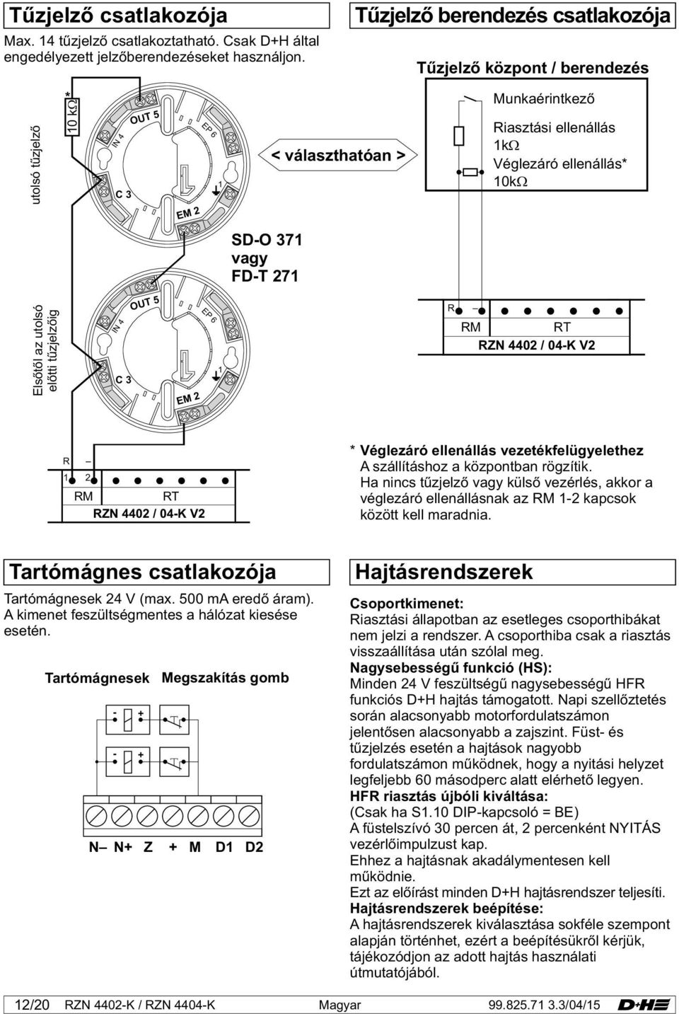 SD-O 371 vagy FD-T 271 Elsőtől az utolsó előtti tűzjelzőig IN 4 C 3 OUT 5 EM 2 EP 6 1 R RM RT RZN 4402 / 04-K V2 R 1 2 RM RT RZN 4402 / 04-K V2 * Véglezáró ellenállás vezetékfelügyelethez A