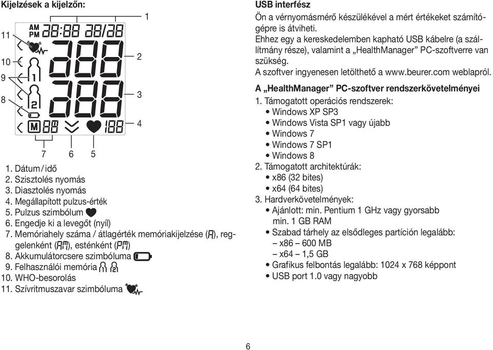 Szívritmuszavar szimbóluma 2 3 4 1 USB interfész Ön a vérnyomásmérő készülékével a mért értékeket számítógépre is átviheti.