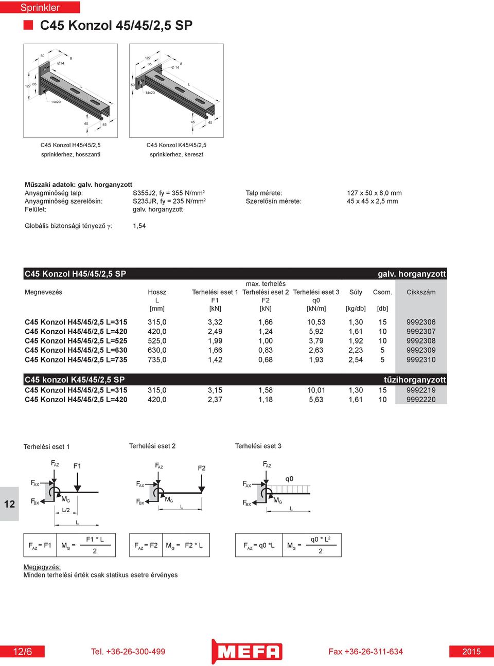 horganyzott Globális biztonsági tényező γ: 1,54 C45 Konzol H45/45/2,5 SP galv. horganyzott max. terhelés Megnevezés Hossz Terhelési eset 1 Terhelési eset 2 Terhelési eset 3 Súly Csom.