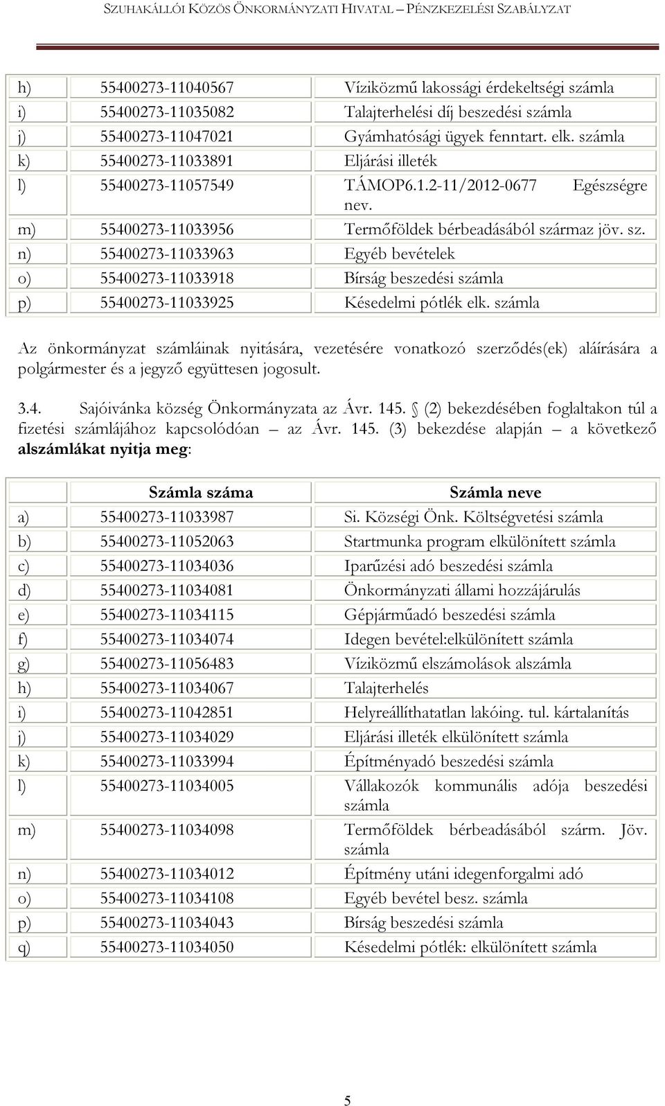 rmaz jöv. sz. n) 55400273-11033963 Egyéb bevételek o) 55400273-11033918 Bírság beszedési számla p) 55400273-11033925 Késedelmi pótlék elk.