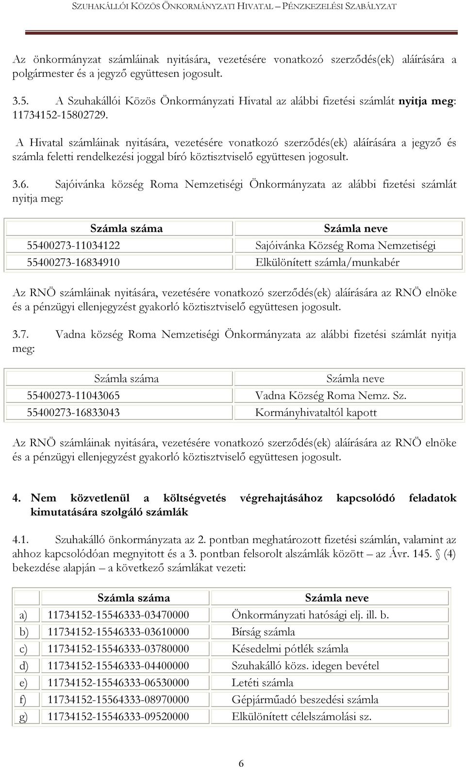 A Hivatal számláinak nyitására, vezetésére vonatkozó szerződés(ek) aláírására a jegyző és számla feletti rendelkezési joggal bíró köztisztviselő együttesen jogosult. 3.6.