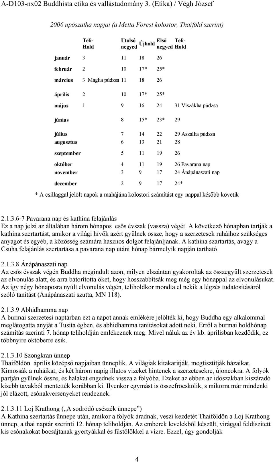 Ánápánaszati nap december 2 9 17 24* * A csillaggal jelölt napok a mahájána kolostori számítást egy nappal később követik 2.1.3.