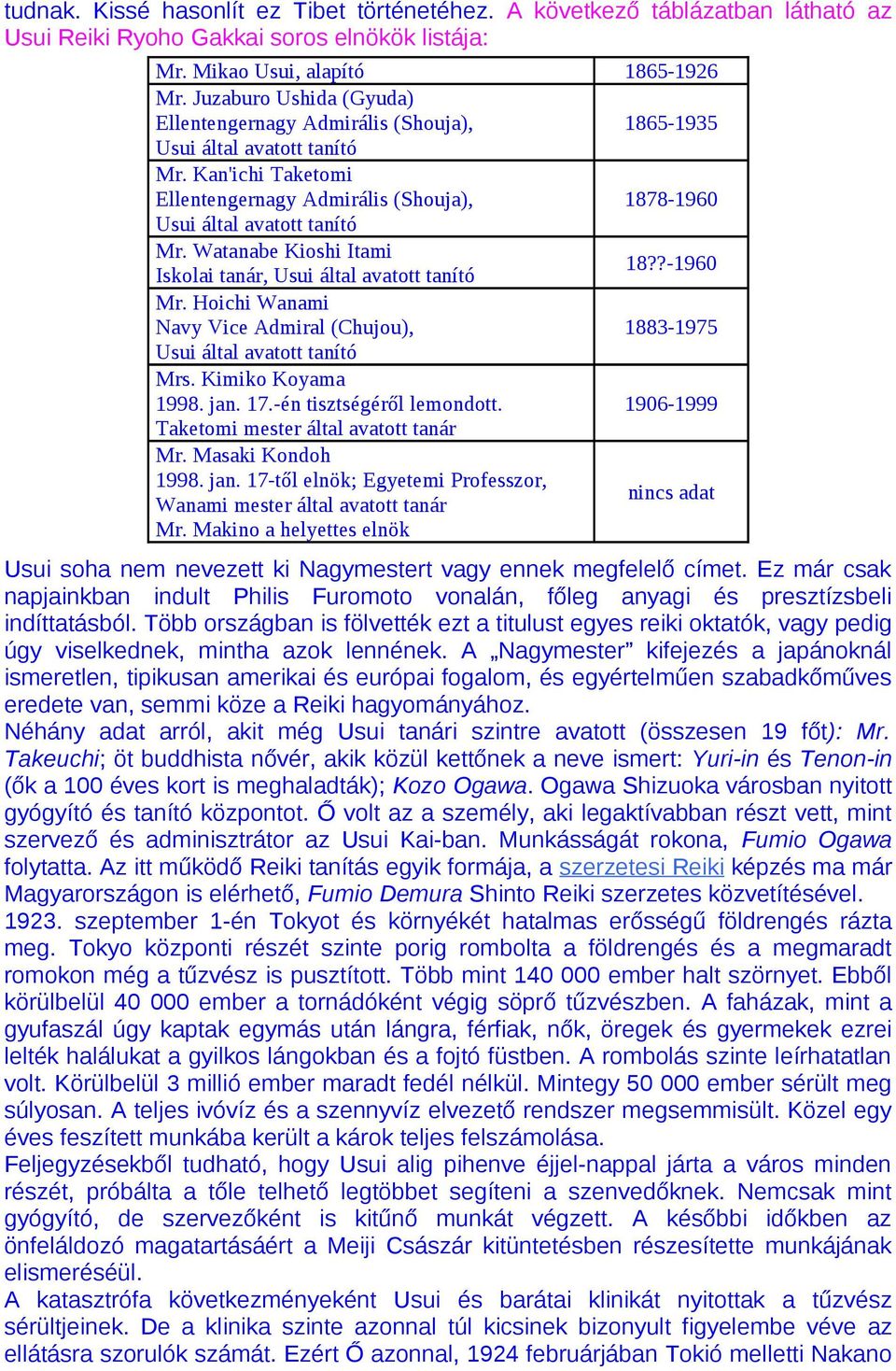 Watanabe Kioshi Itami 18??-1960 Iskolai tanár, Usui által avatott tanító Mr. Hoichi Wanami Navy Vice Admiral (Chujou), 1883-1975 Usui által avatott tanító Mrs. Kimiko Koyama 1998. jan. 17.