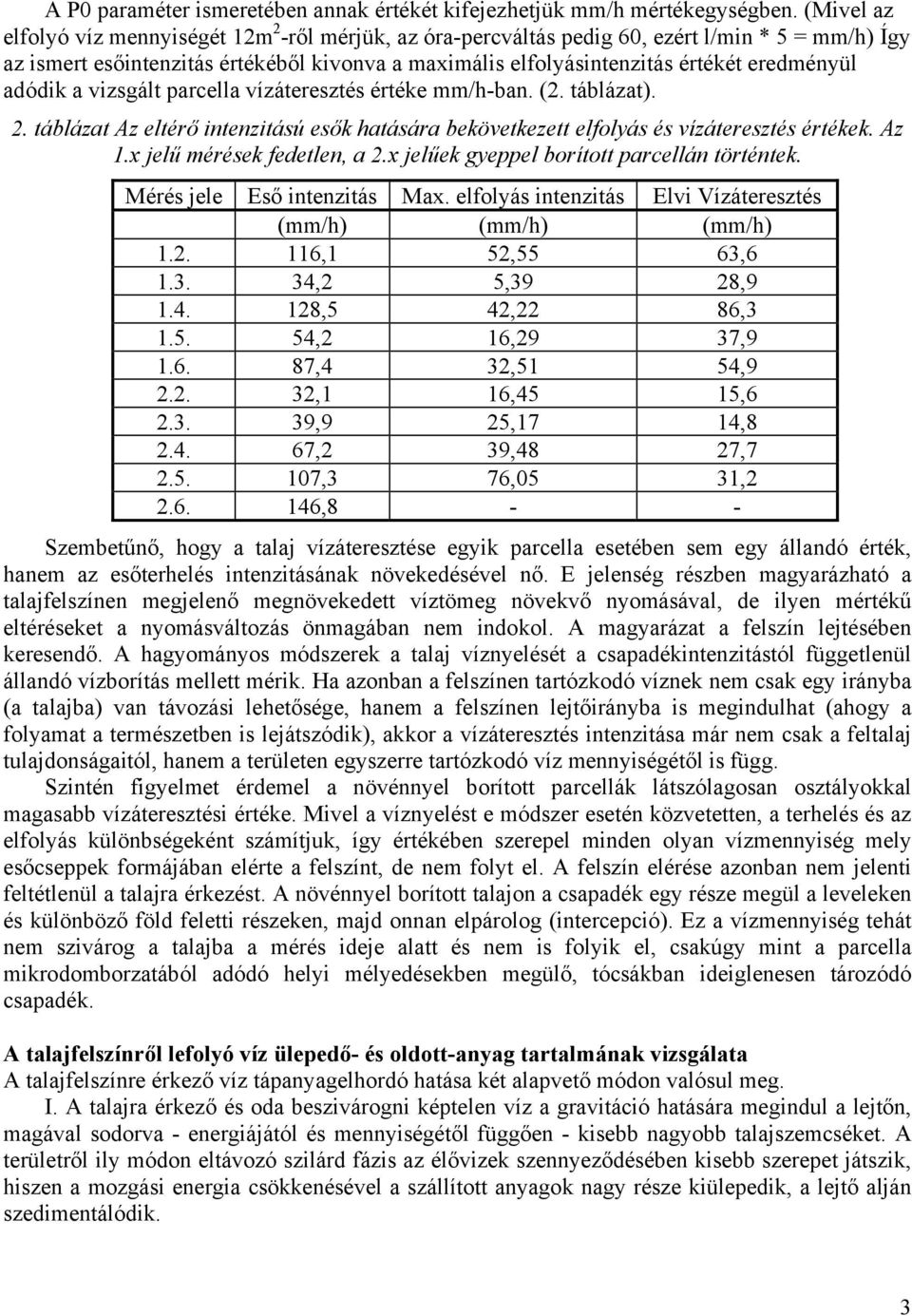 eredményül adódik a vizsgált parcella vízáteresztés értéke mm/h-ban. (2. táblázat). 2. táblázat Az eltérő intenzitású esők hatására bekövetkezett elfolyás és vízáteresztés értékek. Az 1.