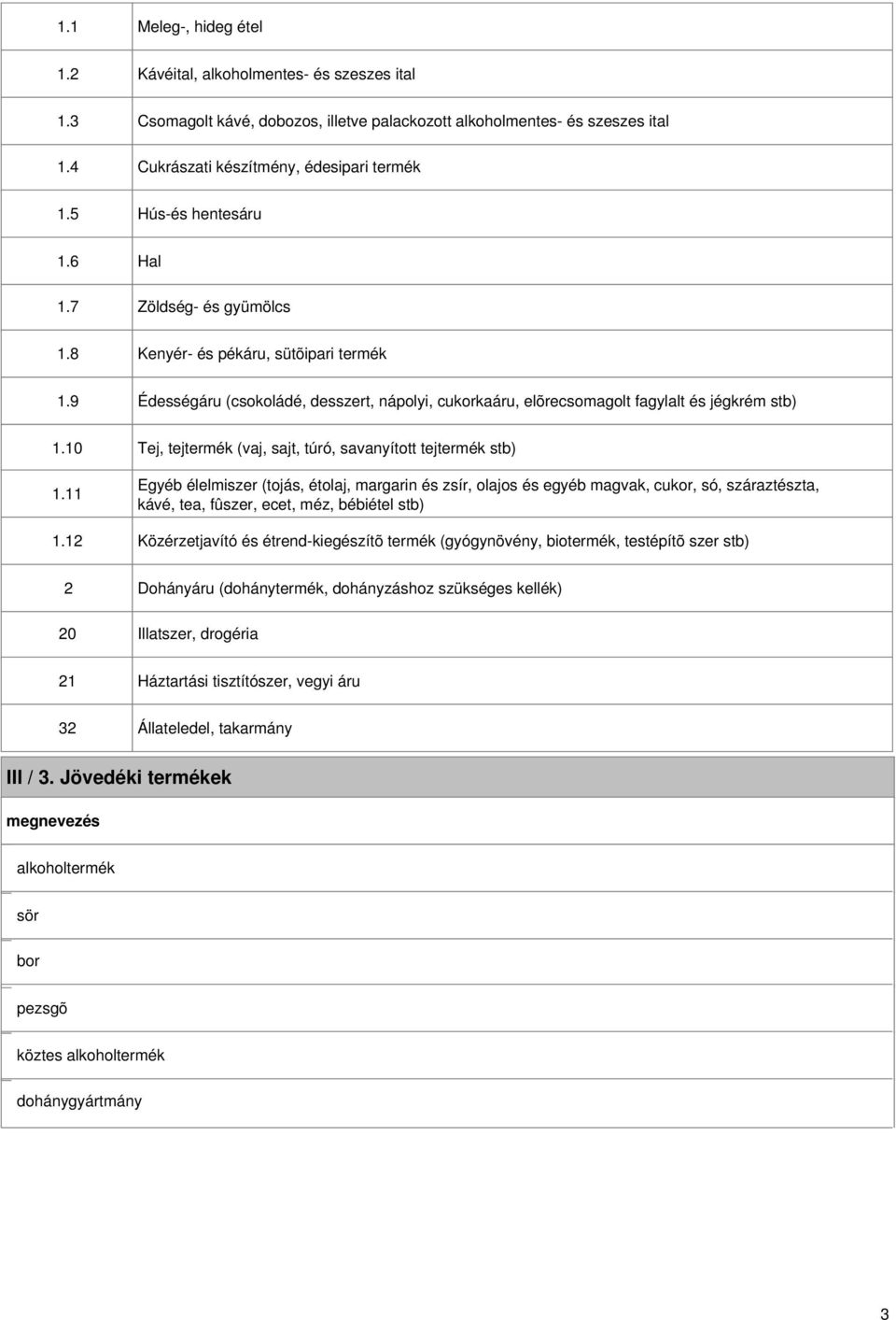 11 1.12 Tej, tejtermék (vaj, sajt, túró, savanyított tejtermék stb) Egyéb élelmiszer (tojás, étolaj, margarin és zsír, olajos és egyéb magvak, cukor, só, száraztészta, kávé, tea, fûszer, ecet, méz,