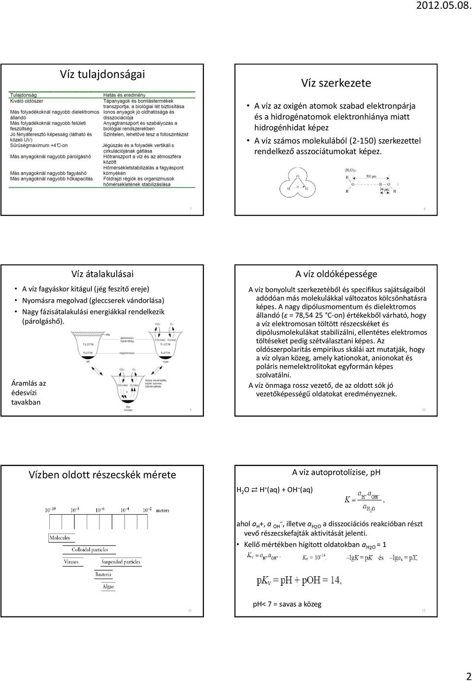 Áramlás az édesvízi tavakban 9 A víz oldóképessége A víz bonyolult szerkezetéből és specifikus sajátságaiból adódóan más molekulákkal változatos kölcsönhatásra képes.