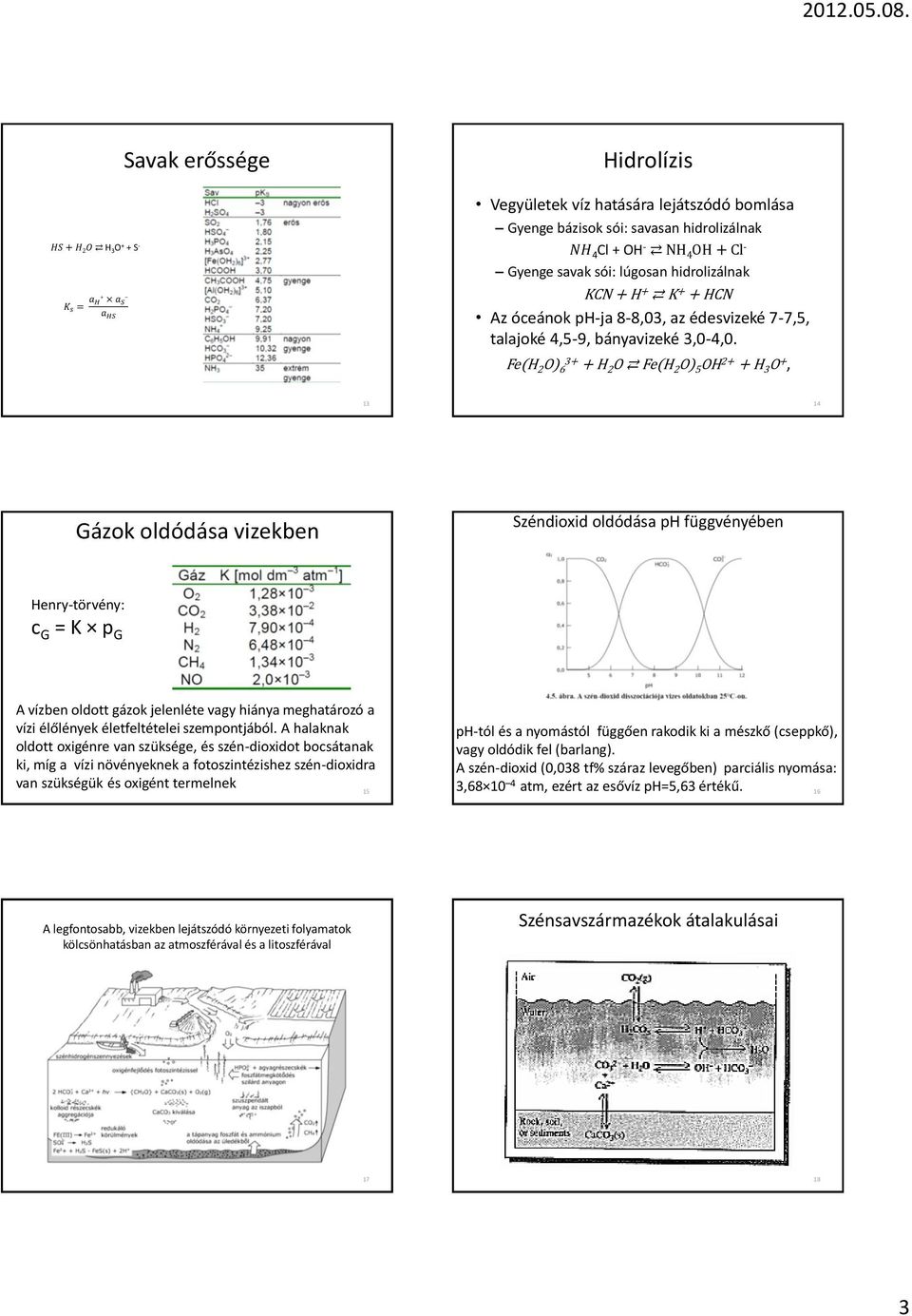 Fe(H 2 O) 6 3+ + H 2 O Fe(H 2 O) 5 OH 2+ + H 3 O +, 13 14 Gázok oldódása vizekben Széndioxid oldódása ph függvényében Henry-törvény: c G = K p G A vízben oldott gázok jelenléte vagy hiánya