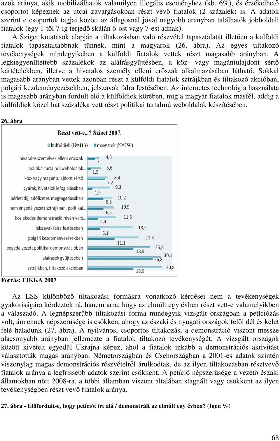 A Sziget kutatások alapján a tiltakozásban való részvétel tapasztalatát illet en a külföldi fiatalok tapasztaltabbnak t nnek, mint a magyarok (26. ábra).