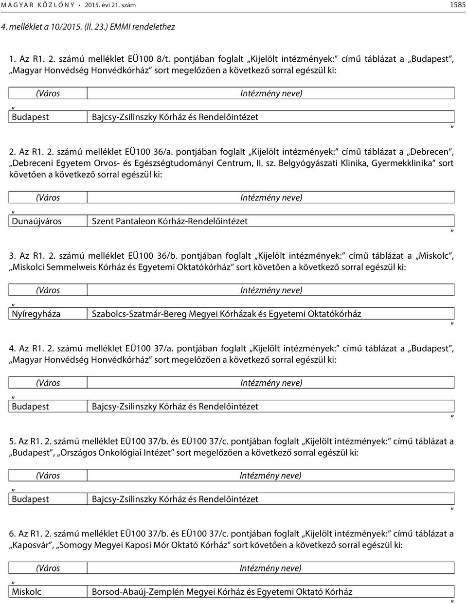 2. Az R1. 2. számú melléklet EÜ100 36/a. pontjában foglalt Kijelölt intézmények: című táblázat a Debrecen, Debreceni Egyetem Orvos- és Egészségtudományi Centrum, II. sz. Belgyógyászati Klinika, Gyermekklinika sort követően a következő sorral egészül ki: (Város Dunaújváros Szent Pantaleon Kórház-Rendelőintézet Intézmény neve) 3.
