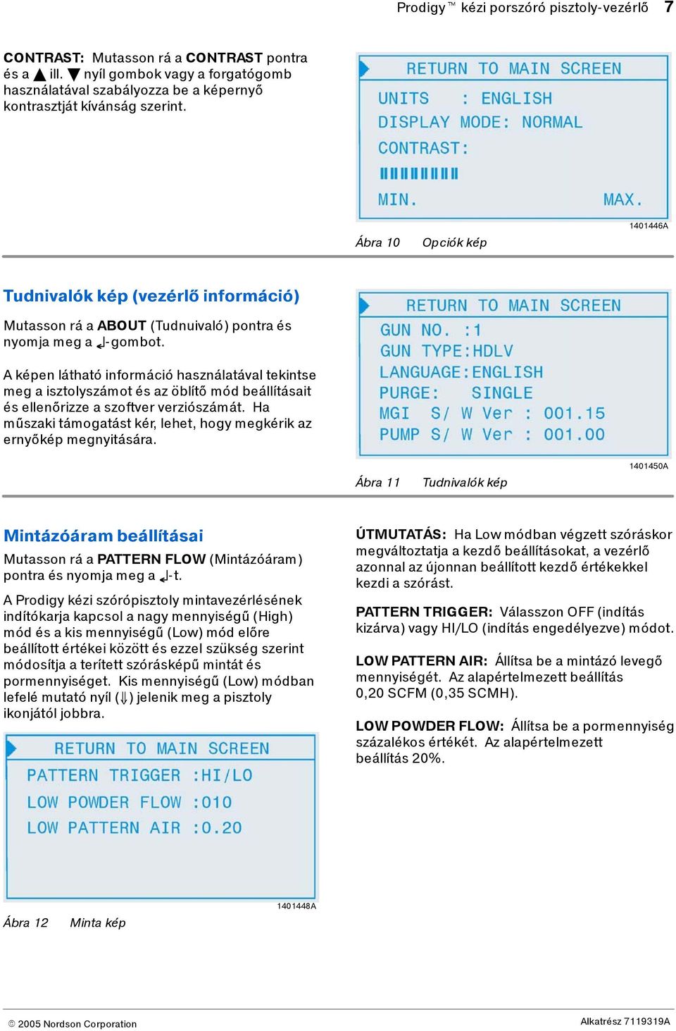 A képen látható információ használatával tekintse meg a isztolyszámot és az öblítő mód beállításait és ellenőrizze a szoftver verziószámát.