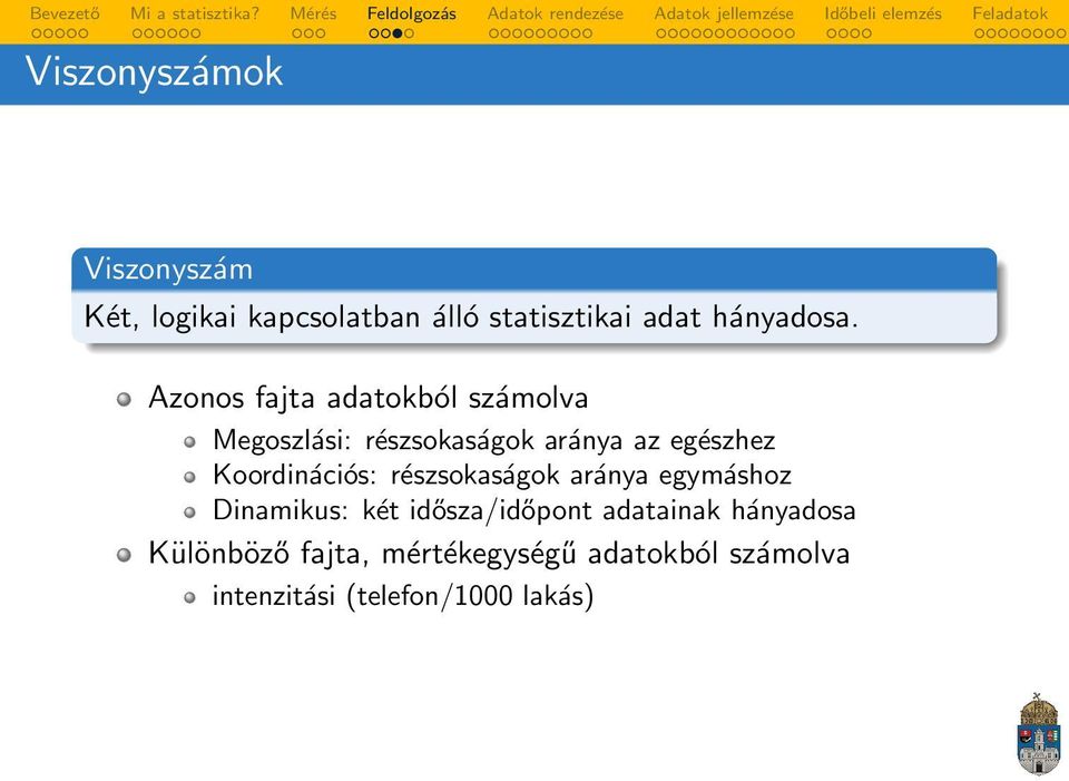 Koordinációs: részsokaságok aránya egymáshoz Dinamikus: két idősza/időpont adatainak