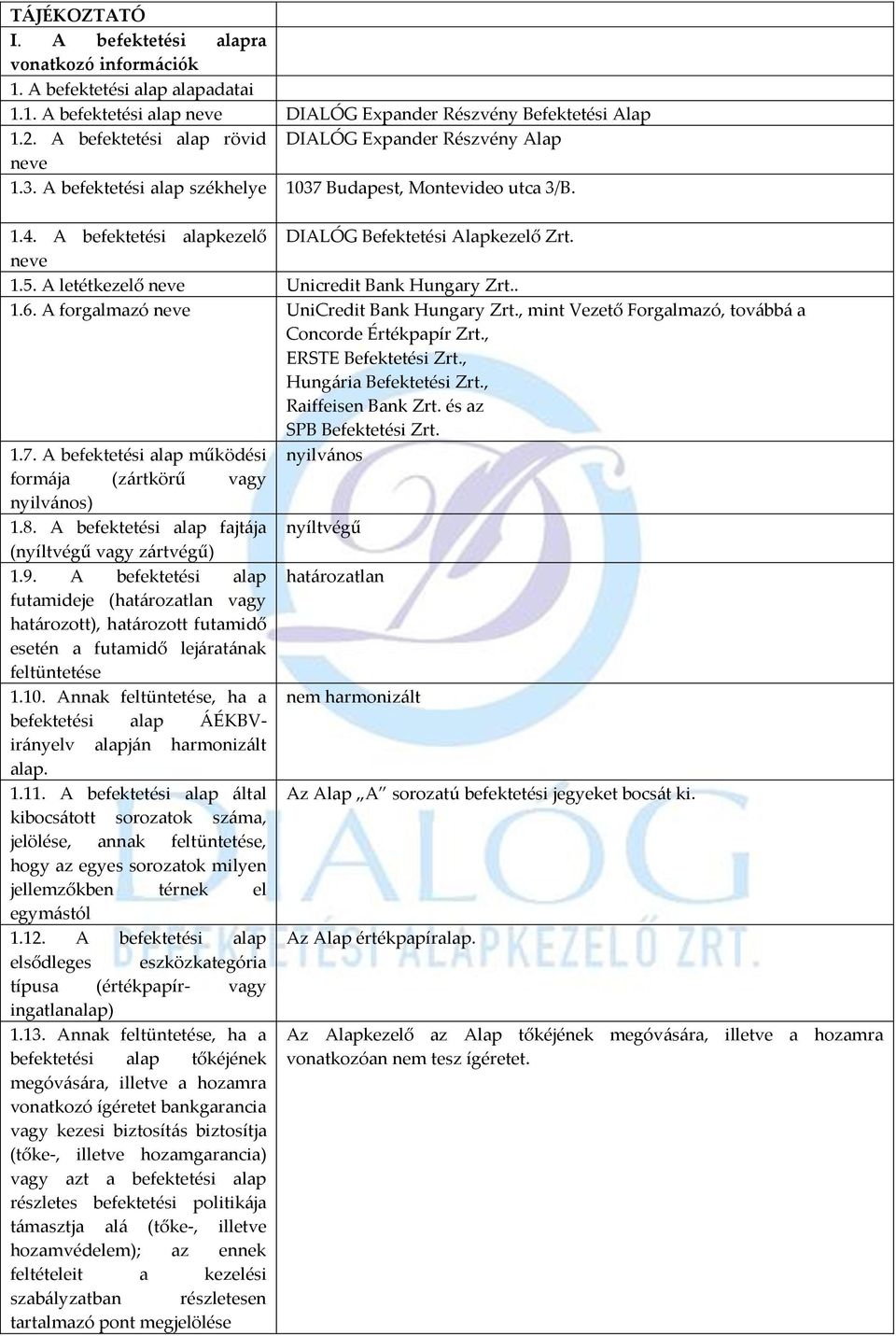 neve 1.5. A letétkezelő neve Unicredit Bank Hungary Zrt.. 1.6. A forgalmazó neve UniCredit Bank Hungary Zrt., mint Vezető Forgalmazó, továbbá a Concorde Értékpapír Zrt., ERSTE Befektetési Zrt.