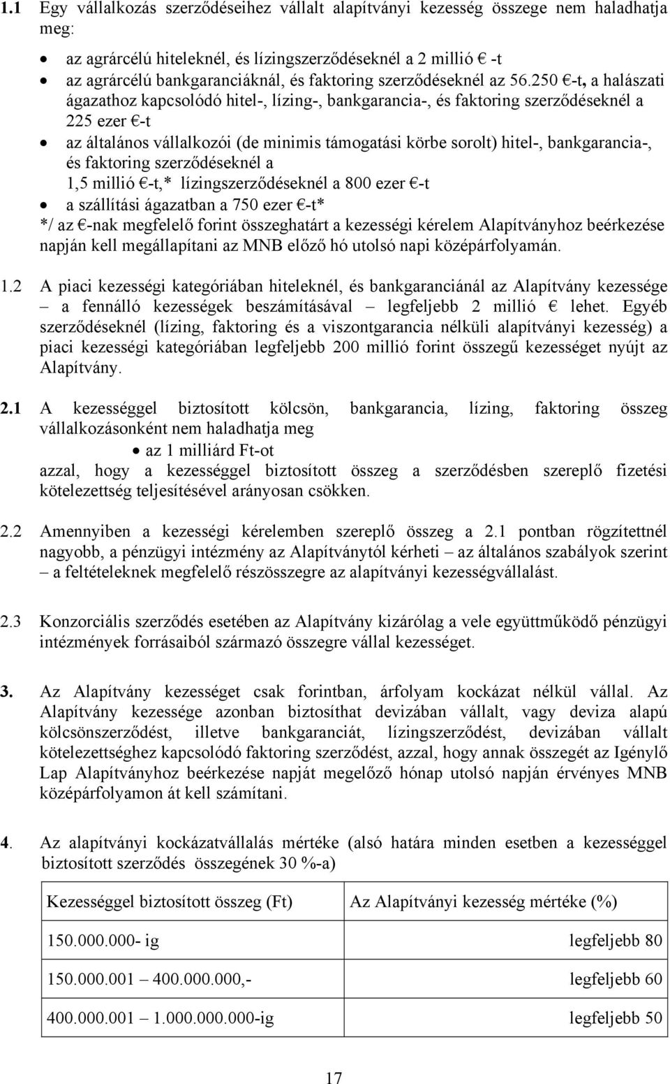 250 -t, a halászati ágazathoz kapcsolódó hitel-, lízing-, bankgarancia-, és faktoring szerződéseknél a 225 ezer -t az általános vállalkozói (de minimis támogatási körbe sorolt) hitel-, bankgarancia-,