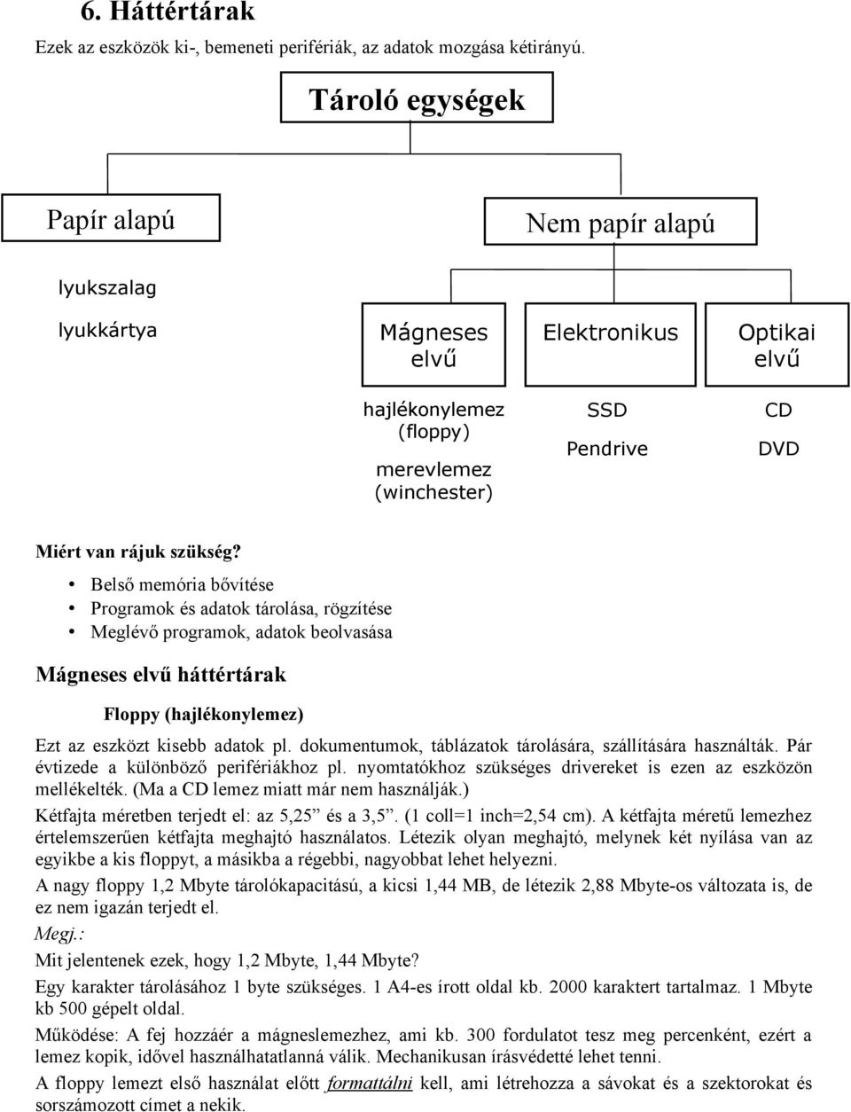 Belső memória bővítése Programok és adatok tárolása, rögzítése Meglévő programok, adatok beolvasása Mágneses elvű háttértárak Floppy (hajlékonylemez) Ezt az eszközt kisebb adatok pl.