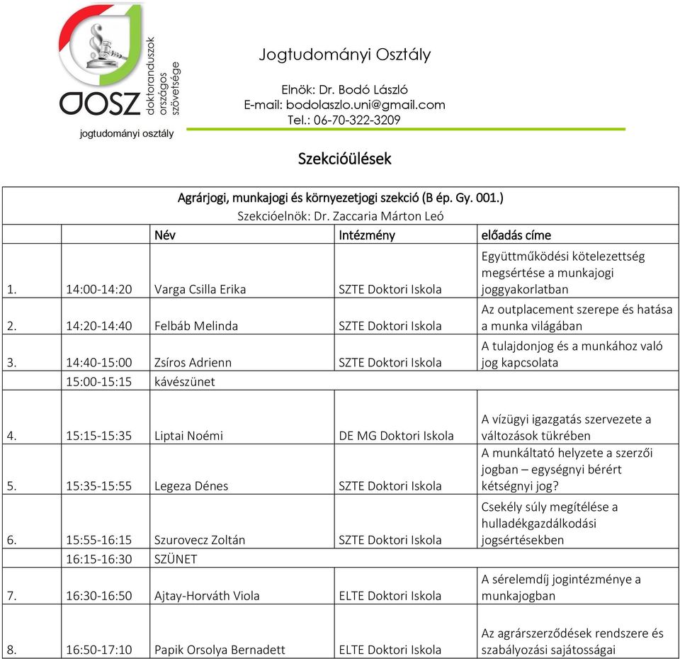 14:40-15:00 Zsíros Adrienn SZTE Doktori Iskola 15:00-15:15 kávészünet Együttműködési kötelezettség megsértése a munkajogi joggyakorlatban Az outplacement szerepe és hatása a munka világában A