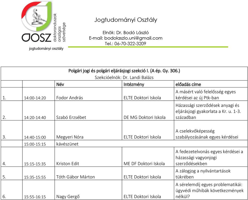 14:40-15:00 Megyeri Nóra ELTE Doktori Iskola 15:00-15:15 kávészünet 4. 15:15-15:35 Kriston Edit ME DF Doktori Iskola 5. 15:35-15:55 Tóth Gábor Márton ELTE Doktori Iskola 6.