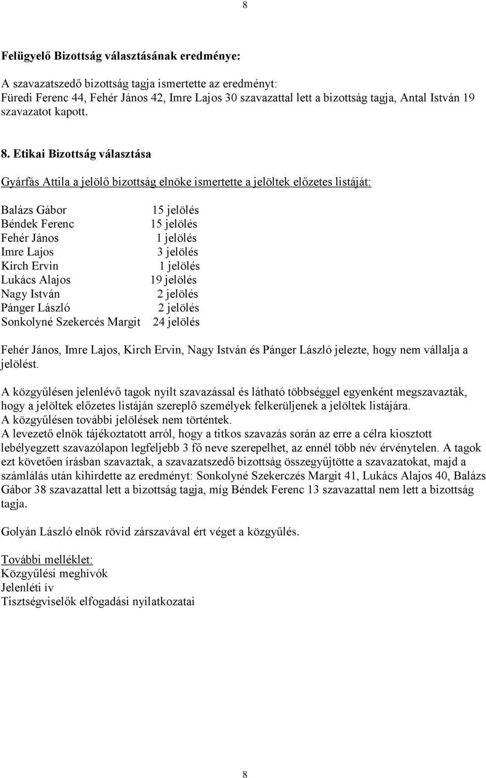 Etikai Bizottság választása Gyárfás Attila a jelölő bizottság elnöke ismertette a jelöltek előzetes listáját: Balázs Gábor 15 jelölés Béndek Ferenc 15 jelölés Fehér János 1 jelölés Imre Lajos 3