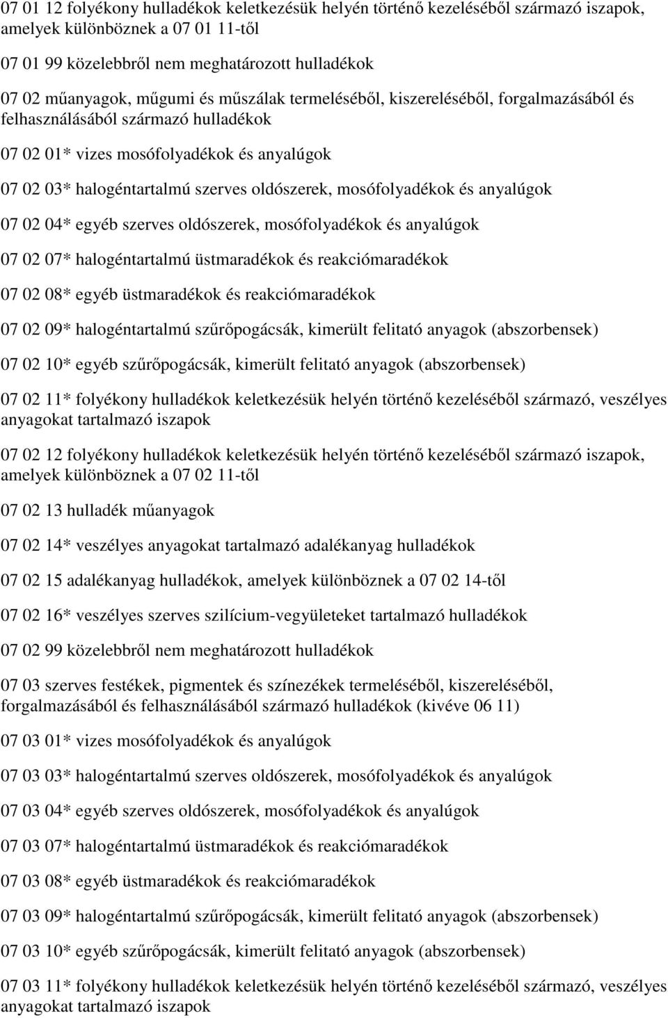 és anyalúgok 07 02 04* egyéb szerves oldószerek, mosófolyadékok és anyalúgok 07 02 07* halogéntartalmú üstmaradékok és reakciómaradékok 07 02 08* egyéb üstmaradékok és reakciómaradékok 07 02 09*