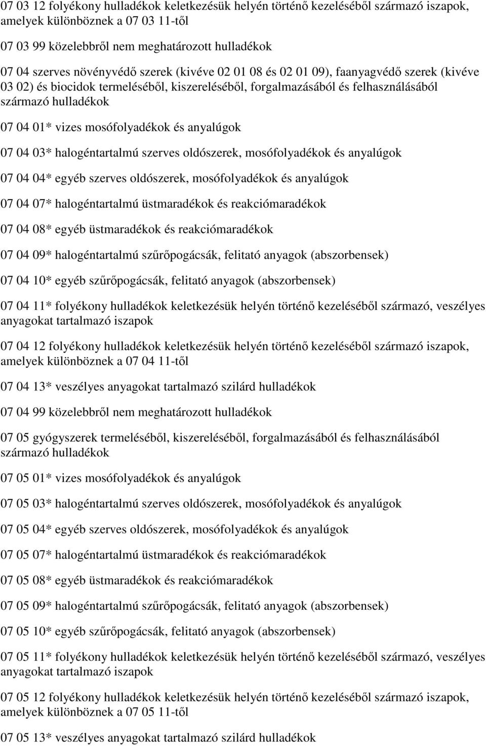 mosófolyadékok és anyalúgok 07 04 03* halogéntartalmú szerves oldószerek, mosófolyadékok és anyalúgok 07 04 04* egyéb szerves oldószerek, mosófolyadékok és anyalúgok 07 04 07* halogéntartalmú