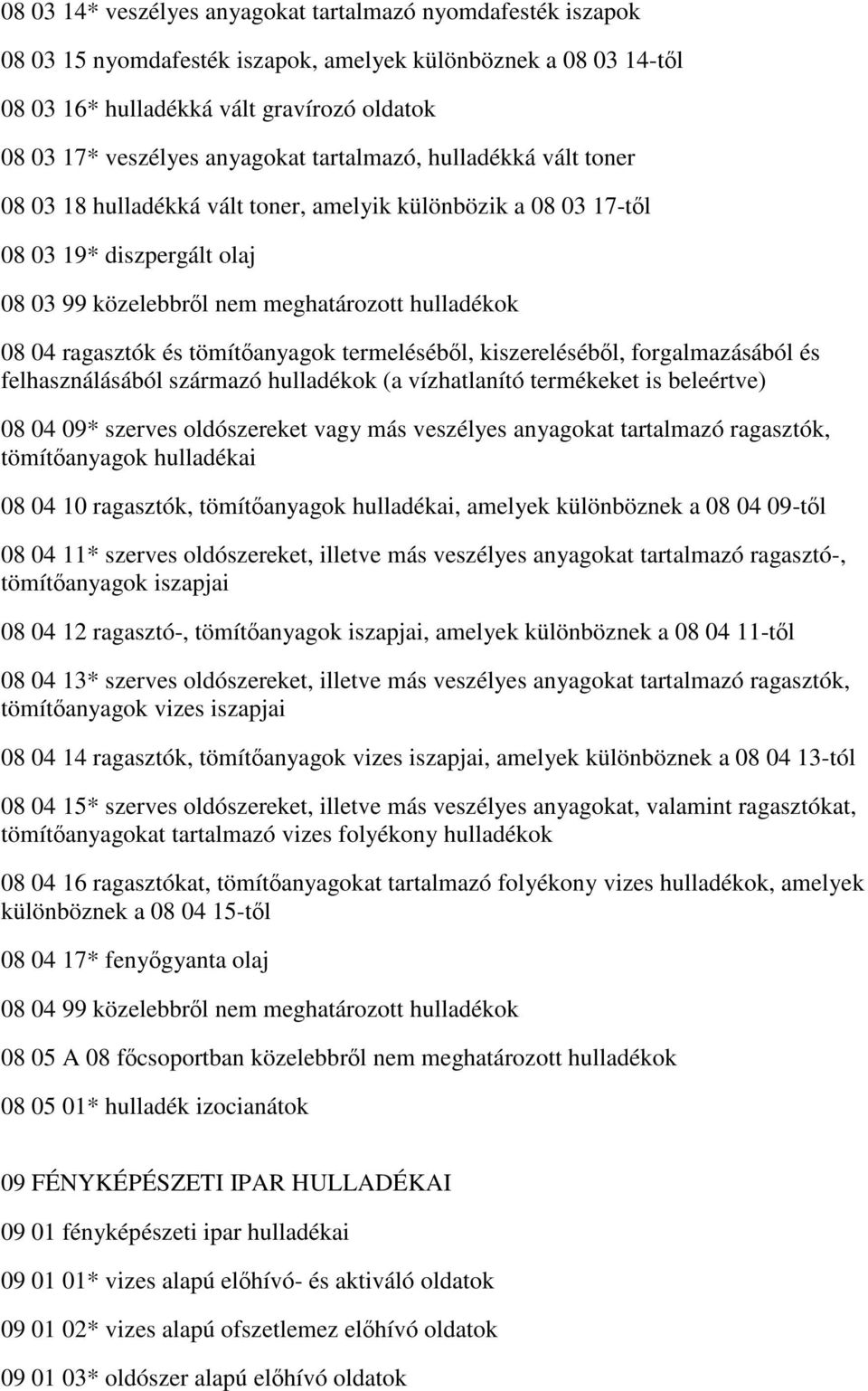 ragasztók és tömítőanyagok termeléséből, kiszereléséből, forgalmazásából és felhasználásából származó hulladékok (a vízhatlanító termékeket is beleértve) 08 04 09* szerves oldószereket vagy más