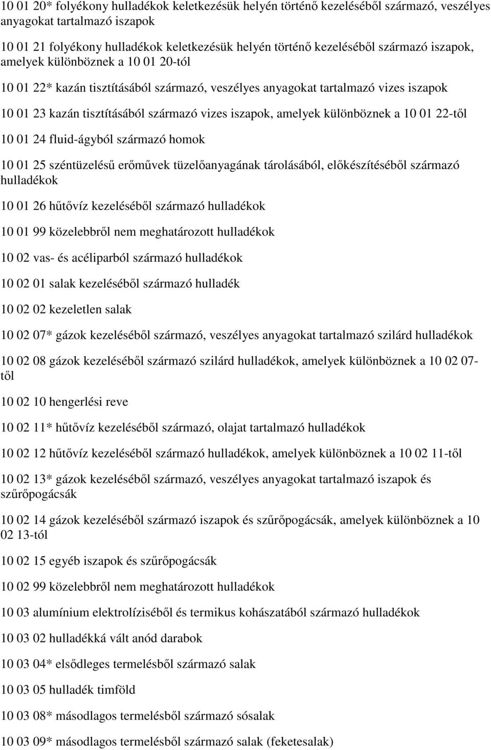 különböznek a 10 01 22-től 10 01 24 fluid-ágyból származó homok 10 01 25 széntüzelésű erőművek tüzelőanyagának tárolásából, előkészítéséből származó hulladékok 10 01 26 hűtővíz kezeléséből származó