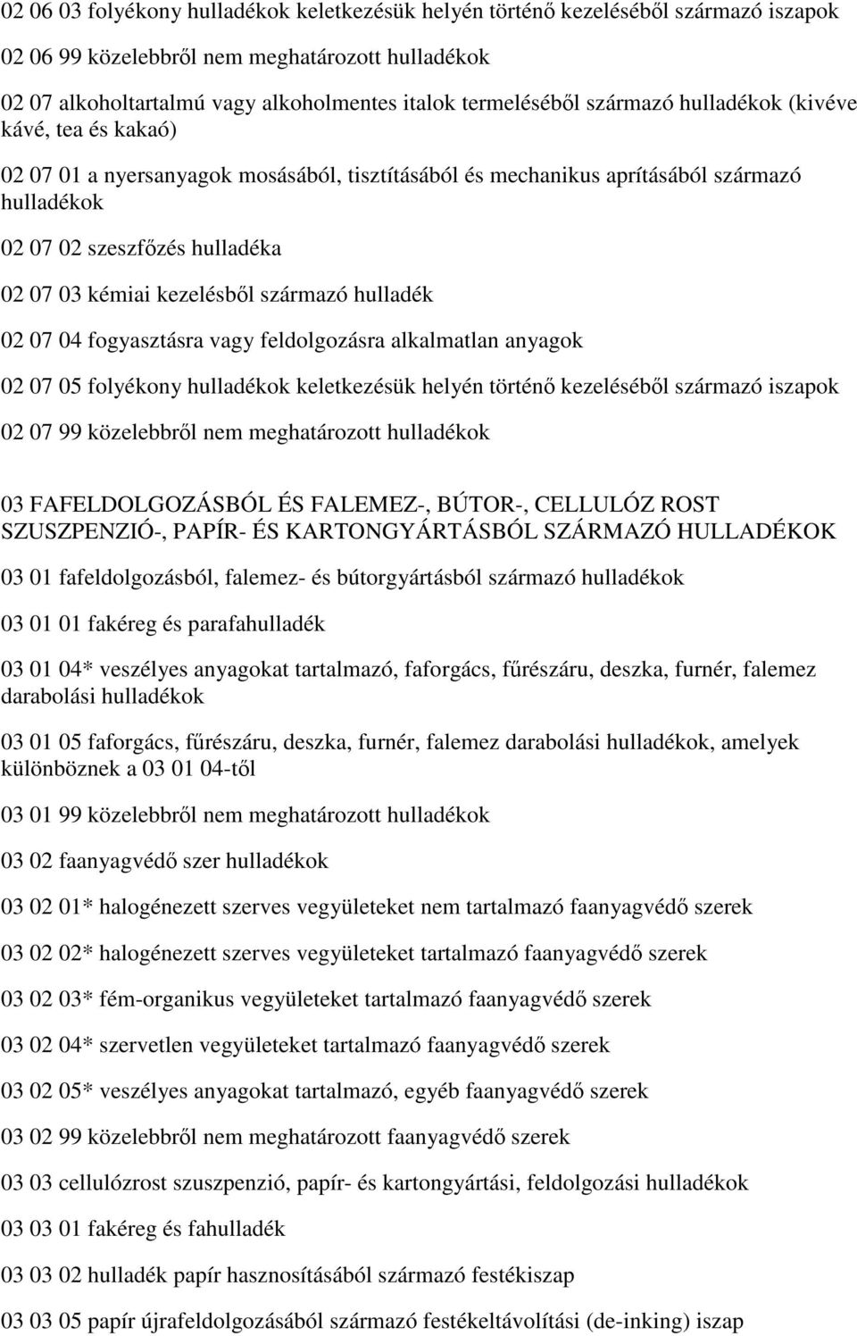 származó hulladék 02 07 04 fogyasztásra vagy feldolgozásra alkalmatlan anyagok 02 07 05 folyékony hulladékok keletkezésük helyén történő kezeléséből származó iszapok 02 07 99 közelebbről nem