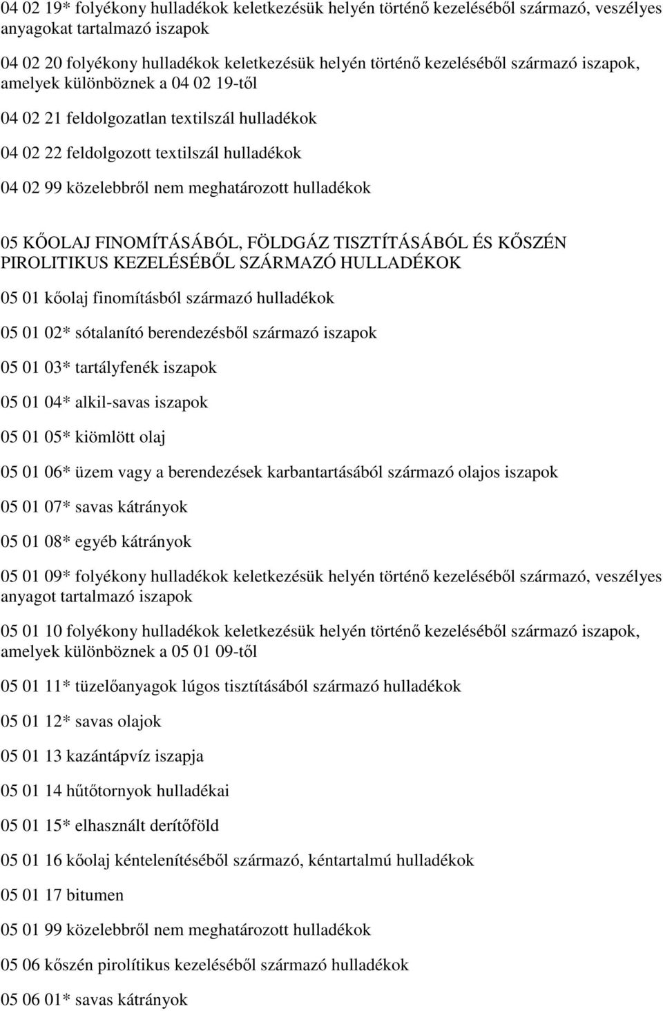 FINOMÍTÁSÁBÓL, FÖLDGÁZ TISZTÍTÁSÁBÓL ÉS KŐSZÉN PIROLITIKUS KEZELÉSÉBŐL SZÁRMAZÓ HULLADÉKOK 05 01 kőolaj finomításból származó hulladékok 05 01 02* sótalanító berendezésből származó iszapok 05 01 03*