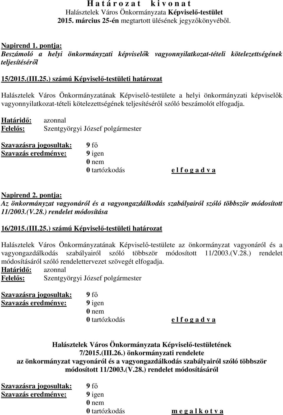 ) számú Képviselő-testületi határozat Halásztelek Város Önkormányzatának Képviselő-testülete a helyi önkormányzati képviselők vagyonnyilatkozat-tételi kötelezettségének teljesítéséről szóló