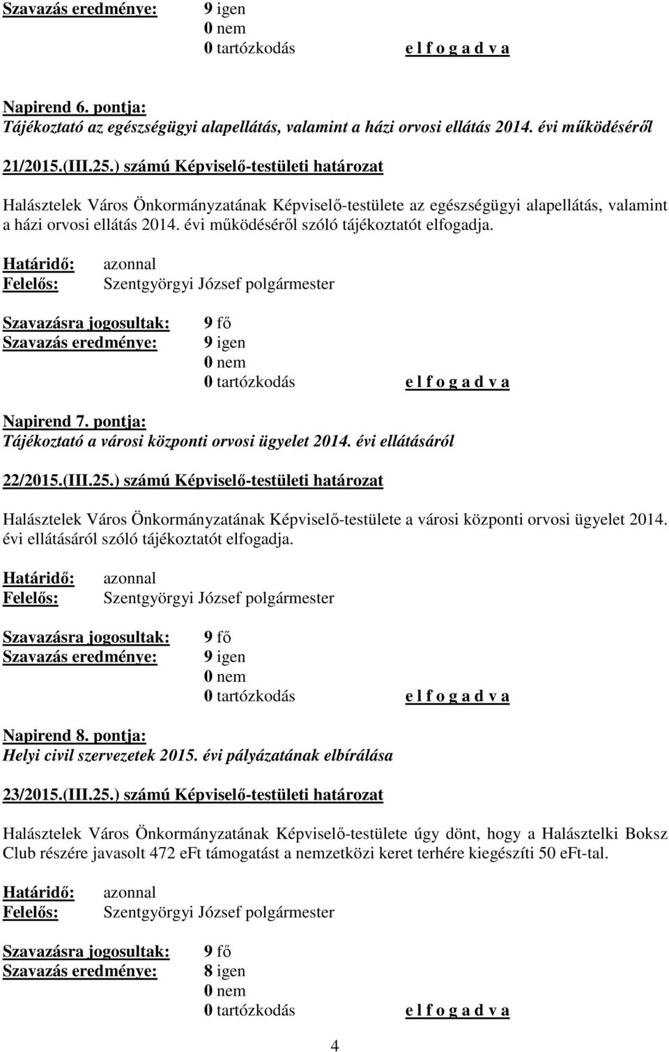 évi működéséről szóló tájékoztatót elfogadja. Napirend 7. pontja: Tájékoztató a városi központi orvosi ügyelet 2014. évi ellátásáról 22/2015.(III.25.