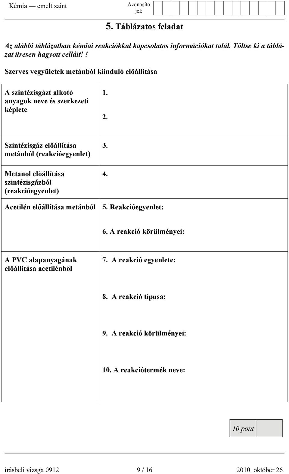 Szintézisgáz előállítása metánból (reakcióegyenlet) Metanol előállítása szintézisgázból (reakcióegyenlet) 3. 4. Acetilén előállítása metánból 5.