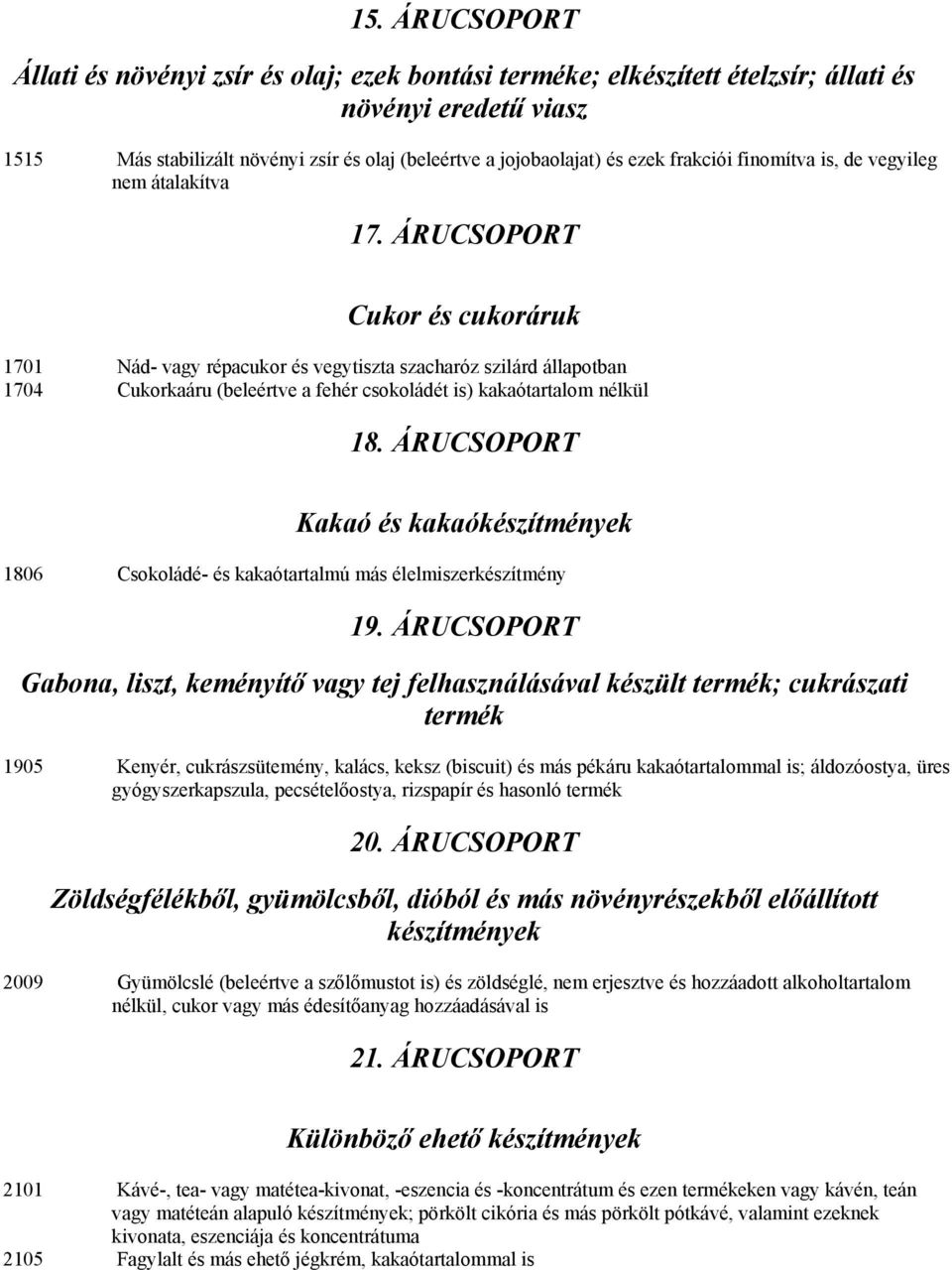 ÁRUCSOPORT Cukor és cukoráruk 1701 Nád- vagy répacukor és vegytiszta szacharóz szilárd állapotban 1704 Cukorkaáru (beleértve a fehér csokoládét is) kakaótartalom nélkül 18.