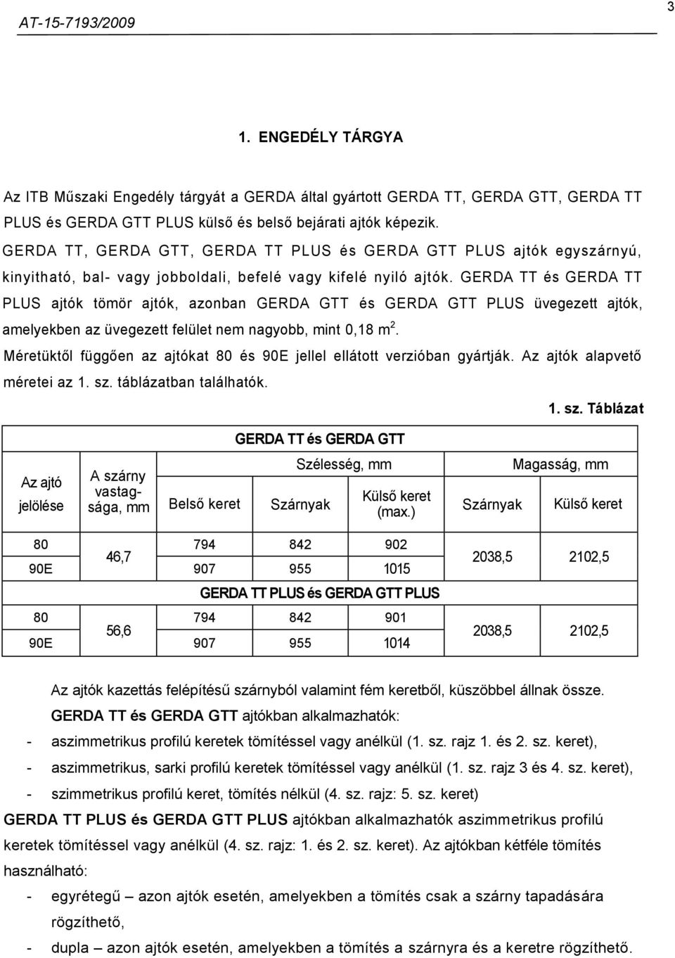 GERDA TT és GERDA TT PLUS ajtók tömör ajtók, azonban GERDA GTT és GERDA GTT PLUS üvegezett ajtók, amelyekben az üvegezett felület nem nagyobb, mint 0,18 m 2.