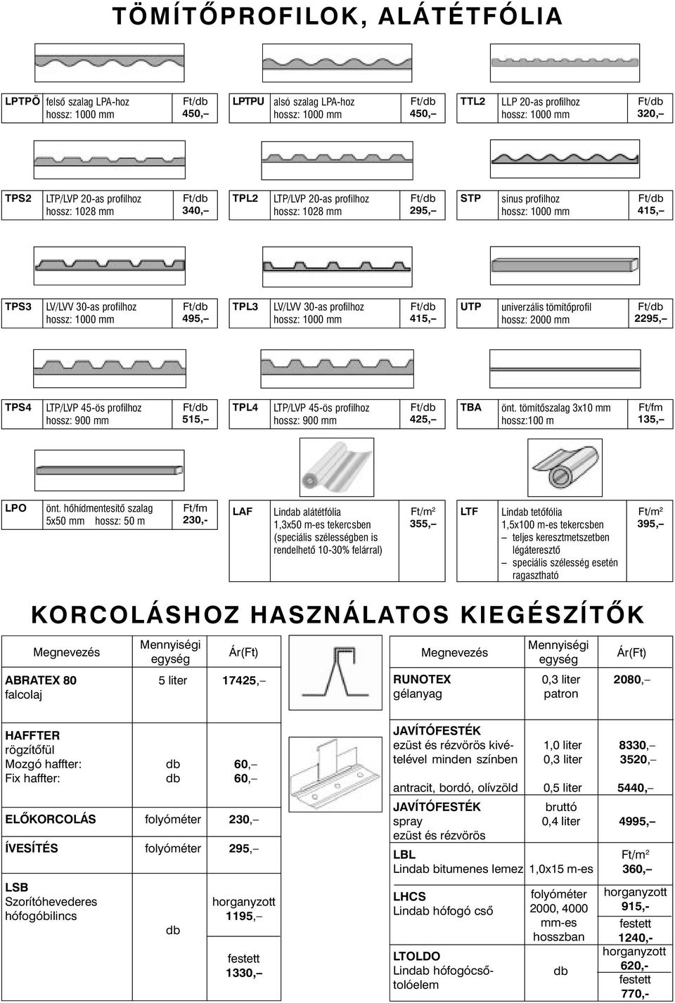 900 mm 515, TPL4 LTP/LVP 45-ös profilhoz hossz: 900 mm 425, TBA önt. tömítõszalag 3x10 mm hossz:100 m Ft/fm 135, LPO önt.