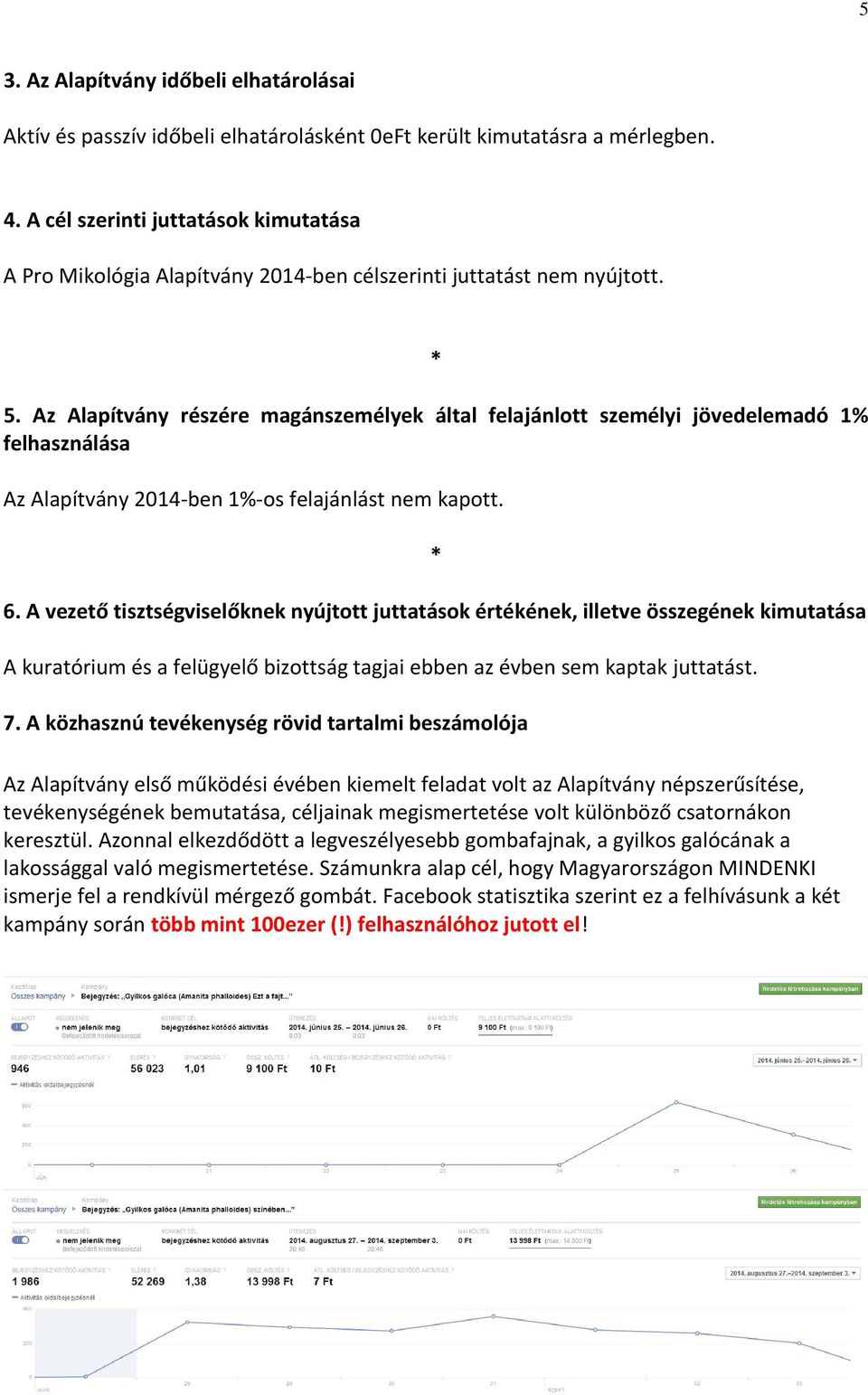 Az Alapítvány részére magánszemélyek által felajánlott személyi jövedelemadó 1% felhasználása Az Alapítvány 2014-ben 1%-os felajánlást nem kapott. * 6.