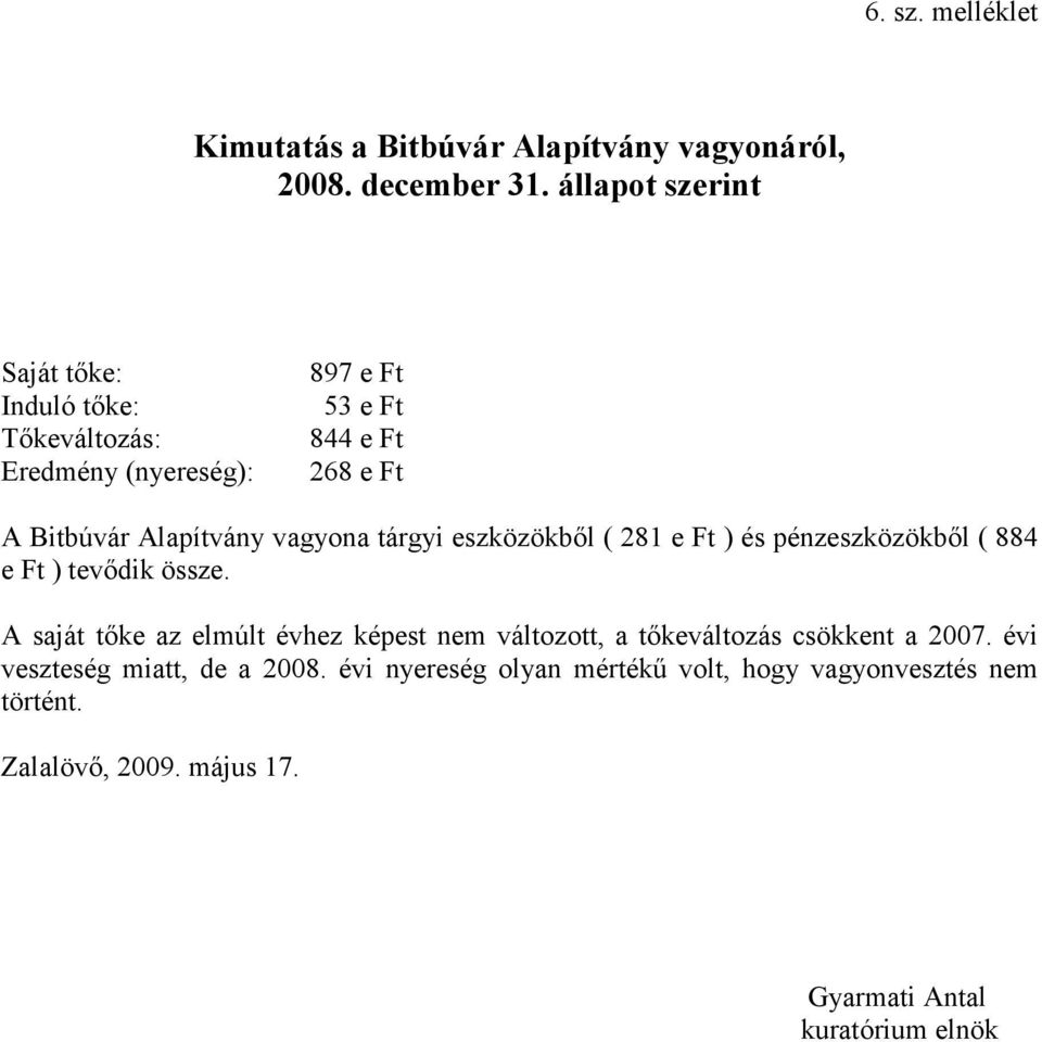 Bitbúvár Alapítvány vagyona tárgyi eszközökbıl ( 281 e Ft ) és pénzeszközökbıl ( 884 e Ft ) tevıdik össze.