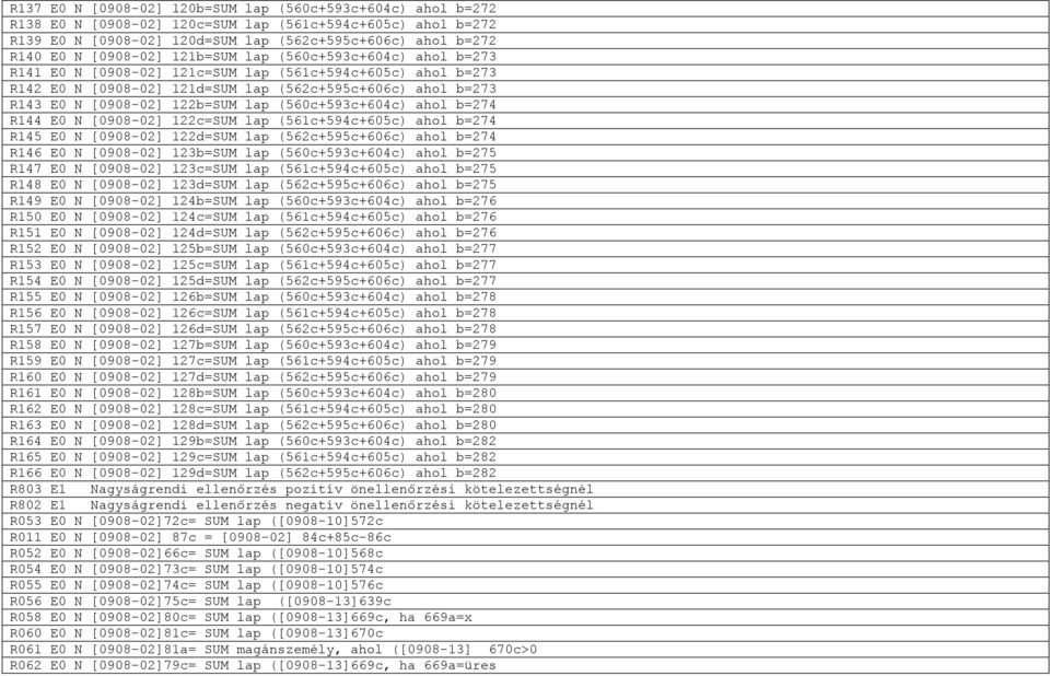 122b=SUM lap (560c+593c+604c) ahol b=274 R144 E0 N [0908-02] 122c=SUM lap (561c+594c+605c) ahol b=274 R145 E0 N [0908-02] 122d=SUM lap (562c+595c+606c) ahol b=274 R146 E0 N [0908-02] 123b=SUM lap