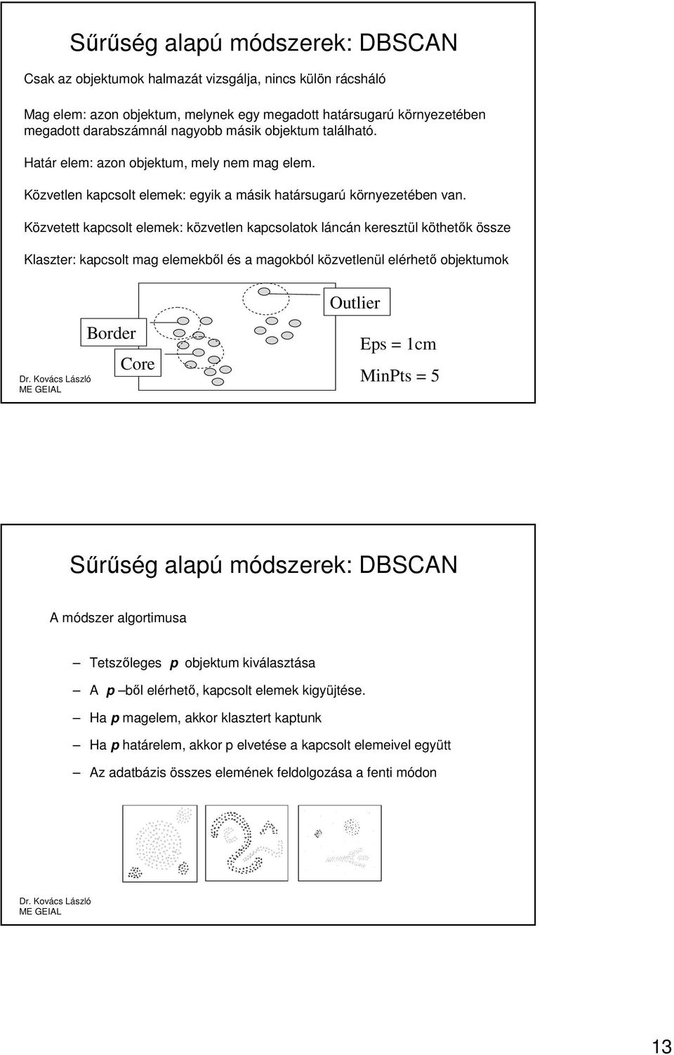 Közvetett kapcsolt elemek: közvetlen kapcsolatok láncán keresztül köthetők össze Klaszter: kapcsolt mag elemekből és a magokból közvetlenül elérhető objektumok Border Core Outlier Eps = 1cm MinPts =