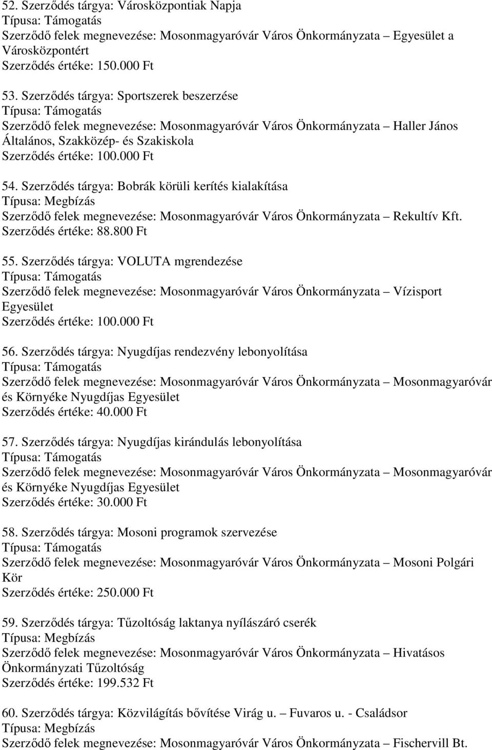 Szerződés tárgya: Bobrák körüli kerítés kialakítása Szerződő felek megnevezése: Mosonmagyaróvár Város Önkormányzata Rekultív Kft. Szerződés értéke: 88.800 Ft 55.