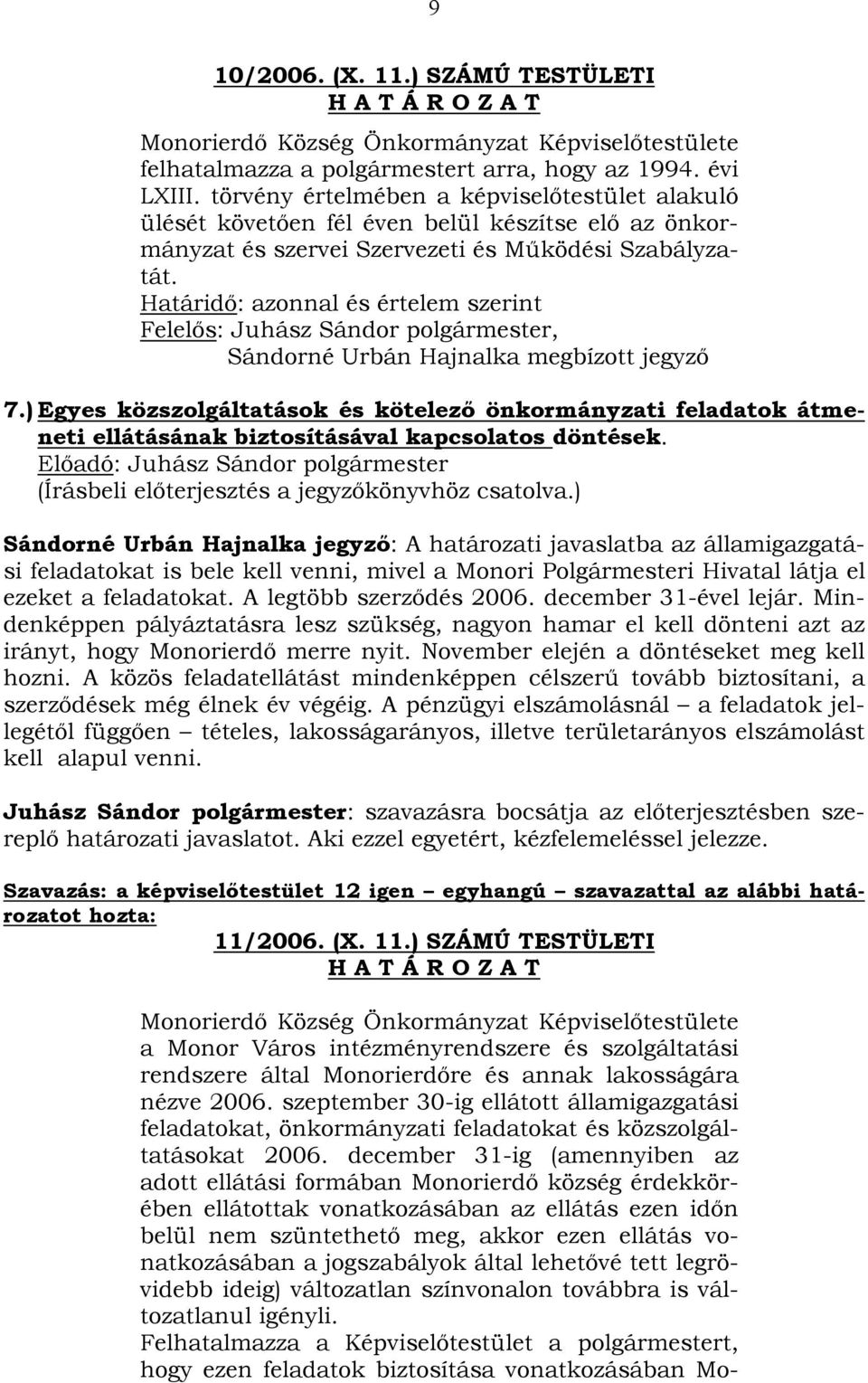 Határidő: azonnal és értelem szerint Felelős: Juhász Sándor polgármester, Sándorné Urbán Hajnalka megbízott jegyző 7.