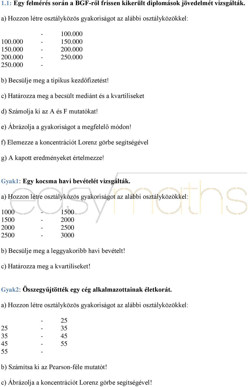 f) Elemezze a koncentrációt Lorenz görbe segítségével g) A kapott eredményeket értelmezze! Gyak1: Egy kocsma havi bevételét vizsgálták.